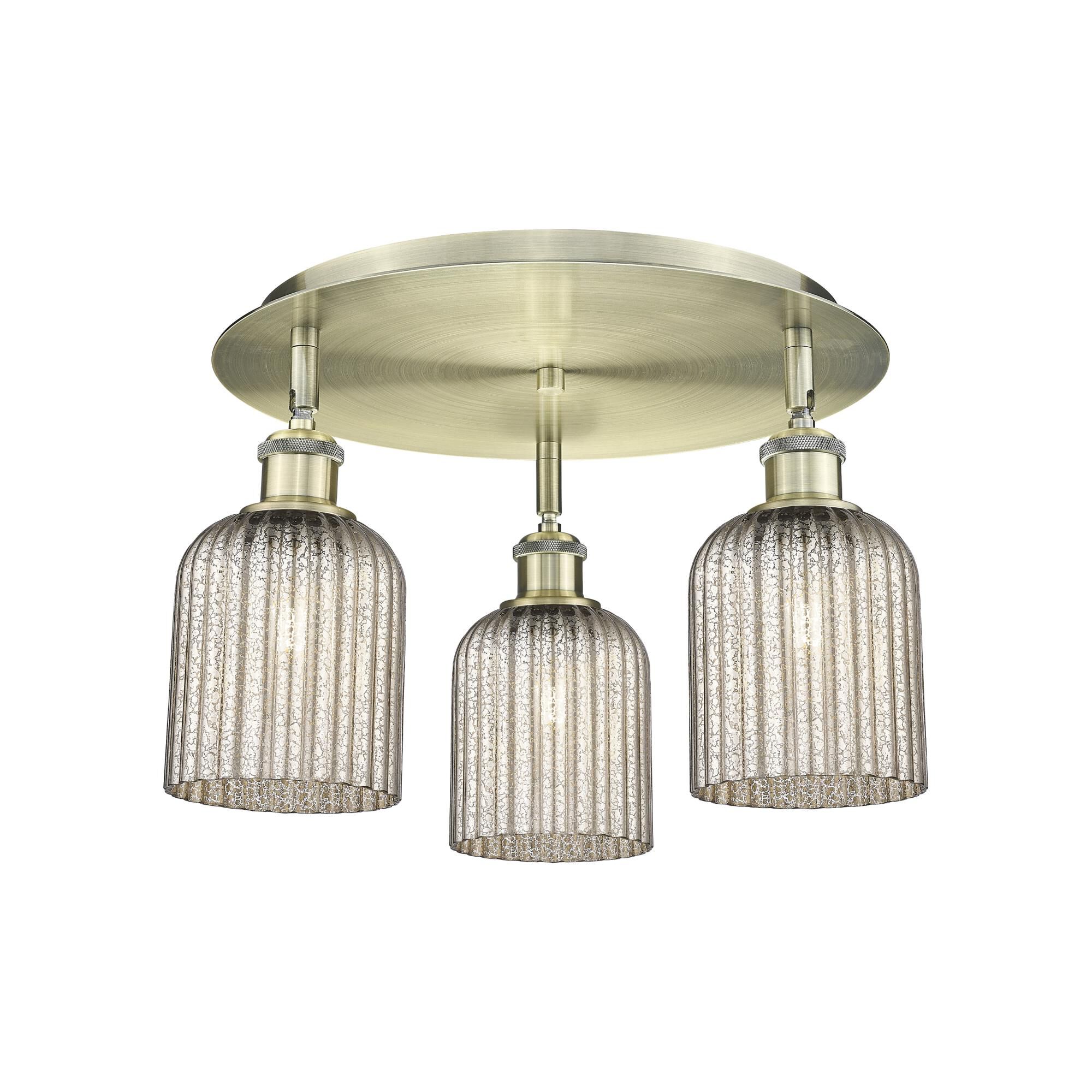 Shown in Antique Brass finish and Mercury shade