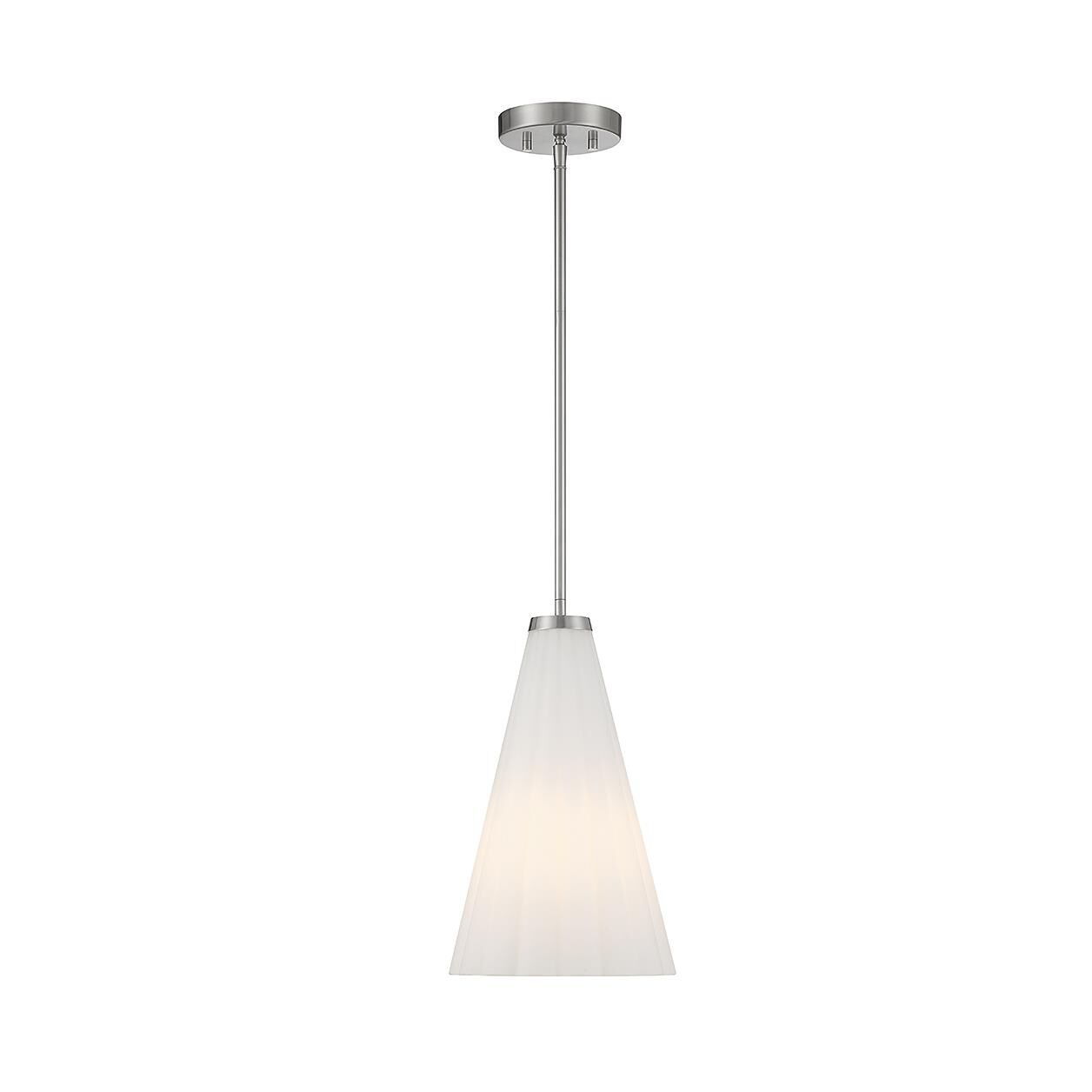Shown in Satin Nickel finish and Fluted White Opal glass and Glass shade