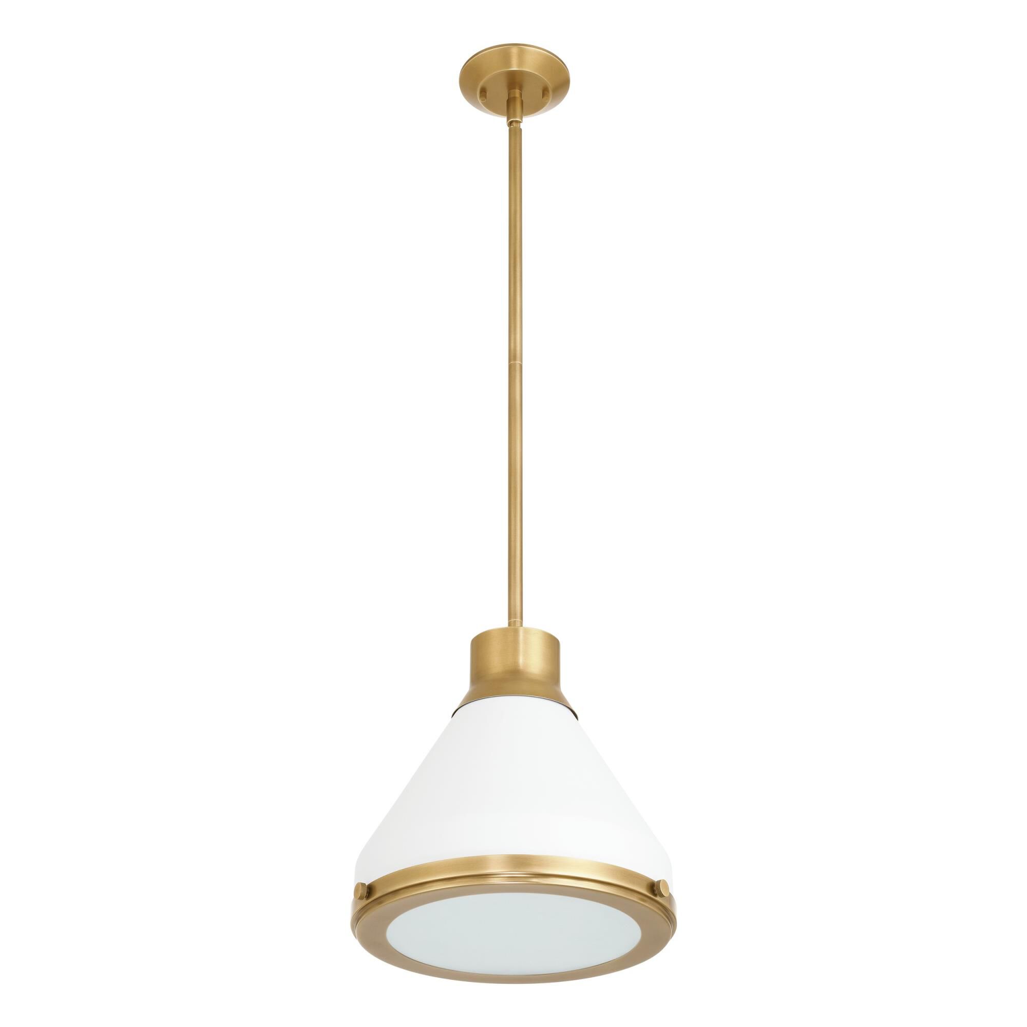 Shown in Natural Brass finish and Etched glass and Natural Brass, Matte White shade