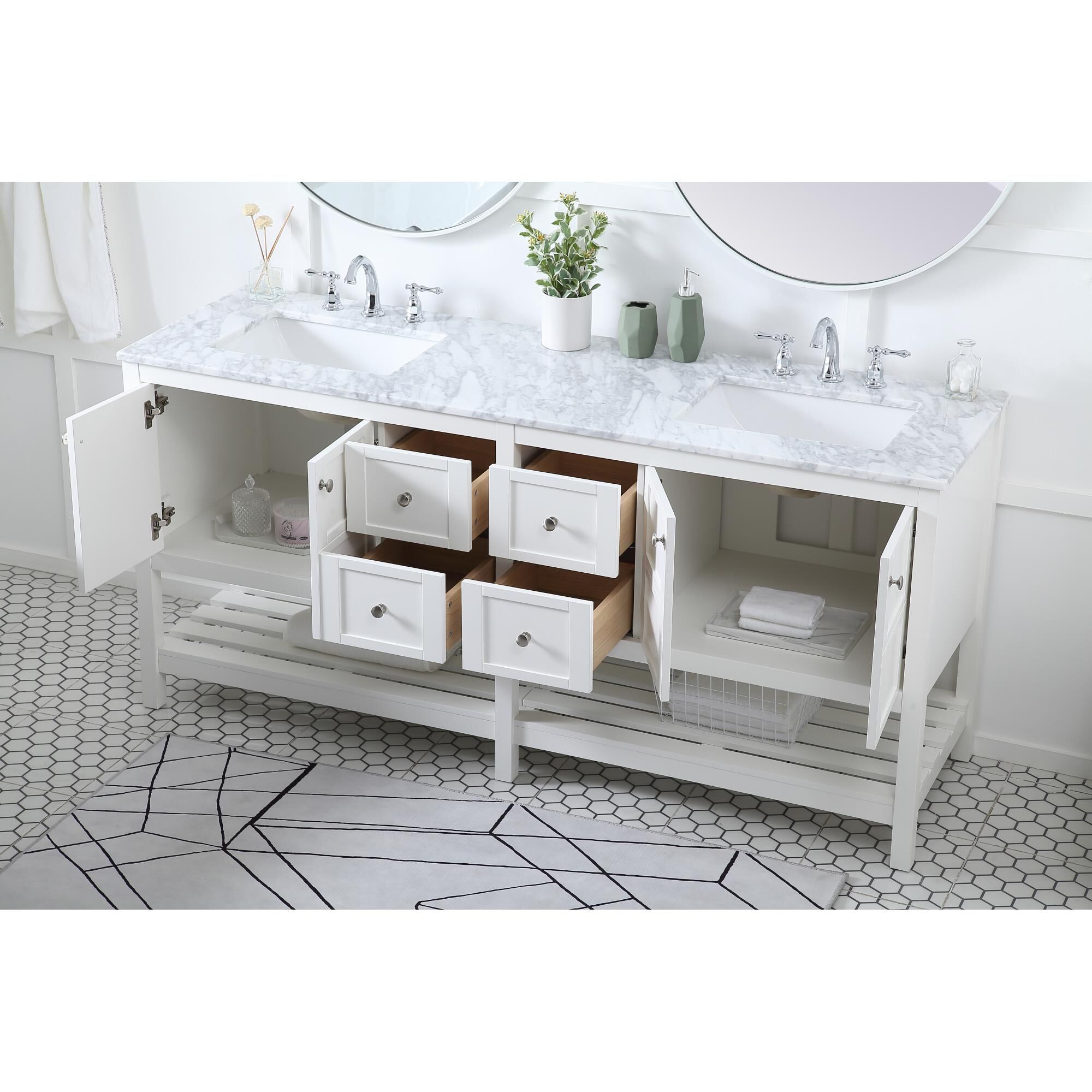 Shown in White And Brushed Nickel With Carrara White Marble finish