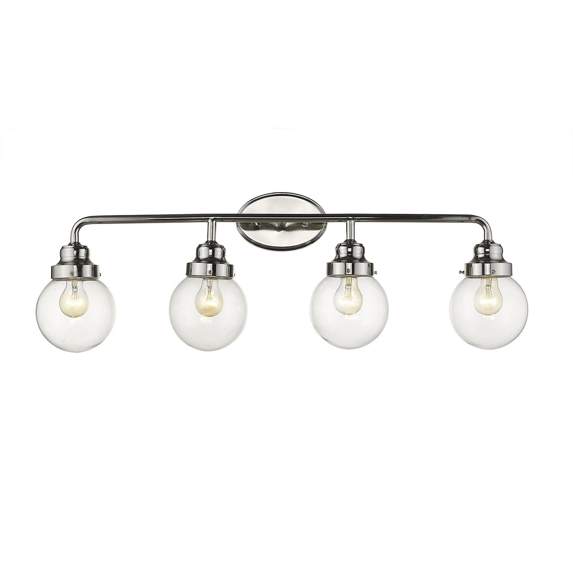 Shown in Polished Nickel finish and Clear glass and Clear, Glass Globes shade