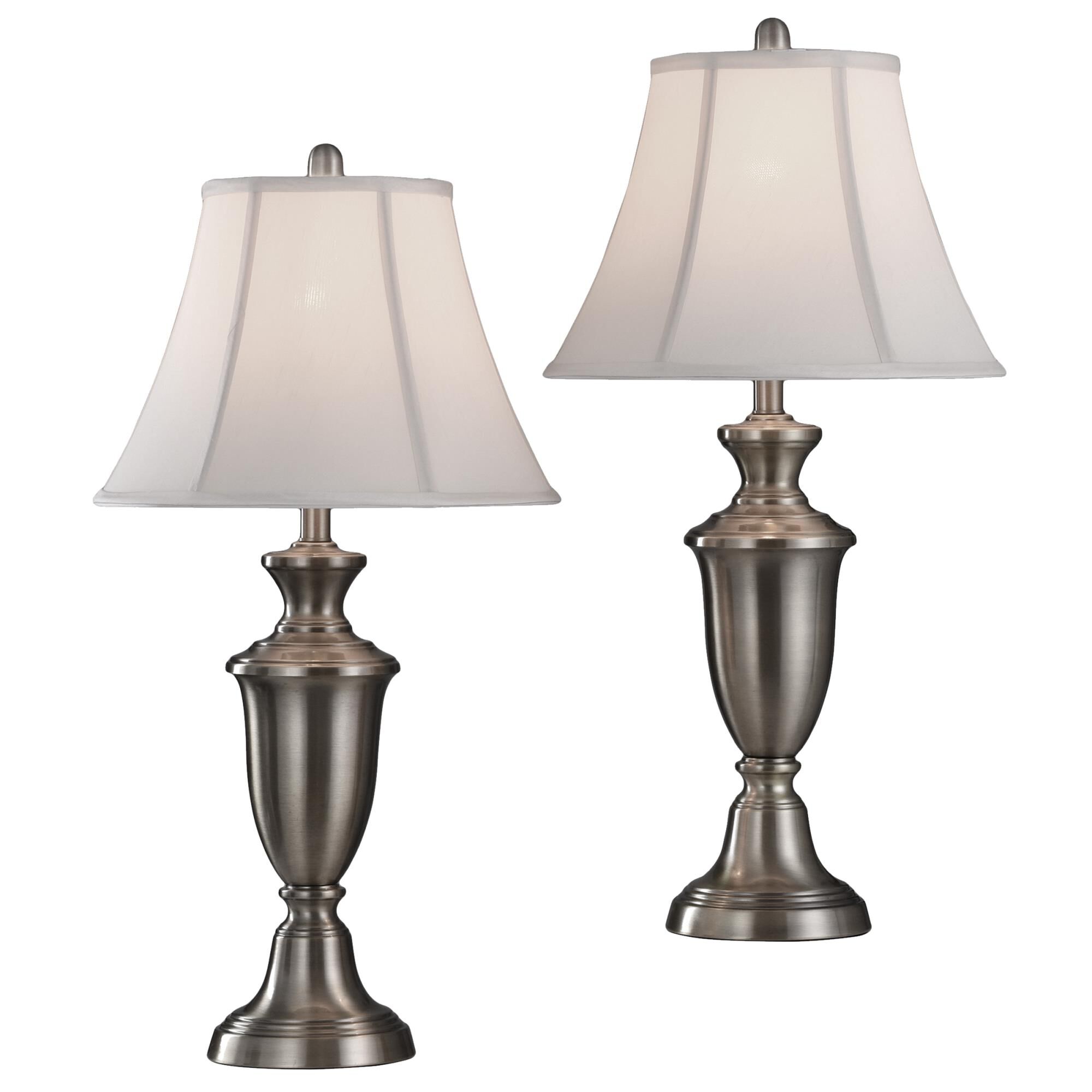 Shown in Brushed Steel finish and White Softback Silk shade