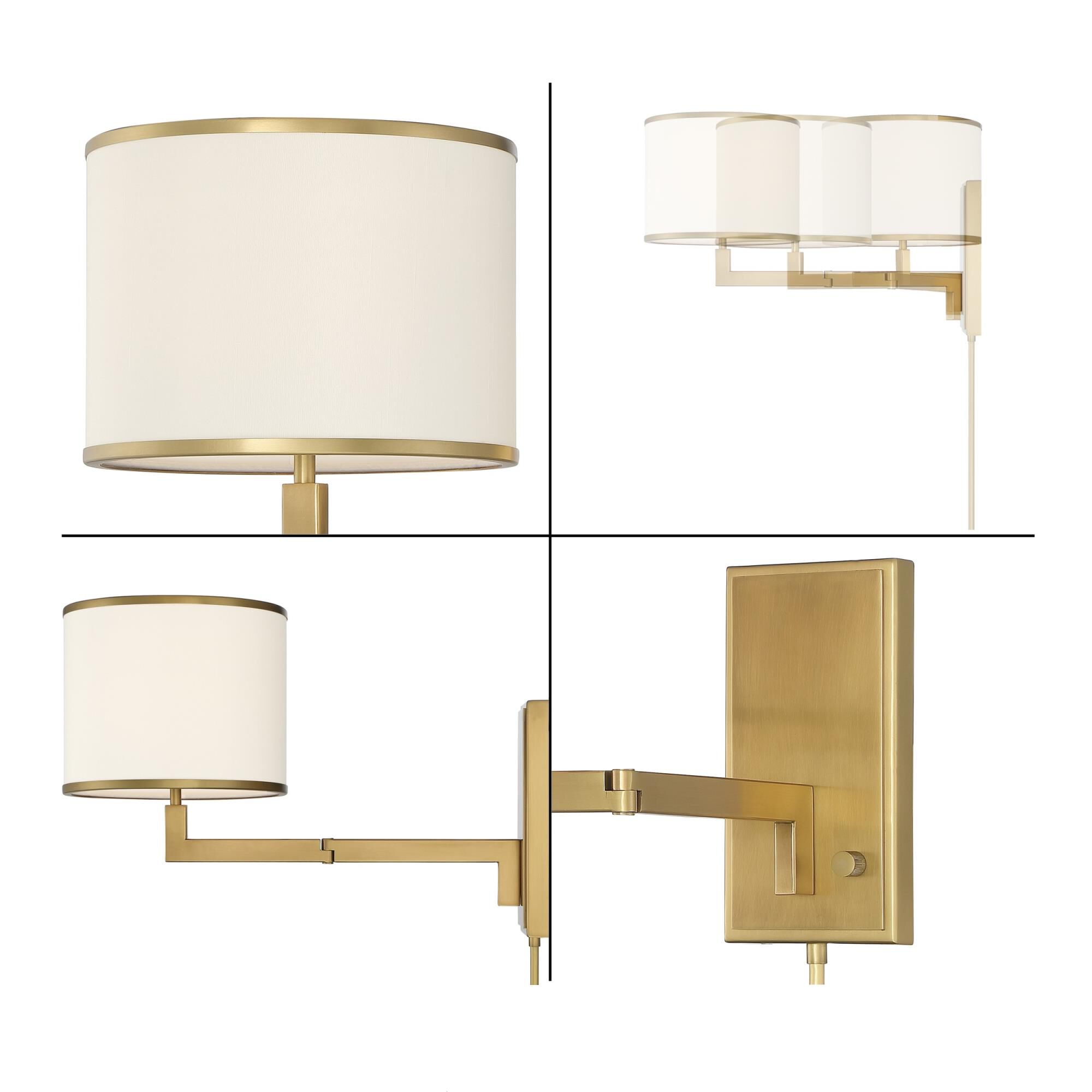 Shown in Aged Brass finish and Fabric glass and White shade