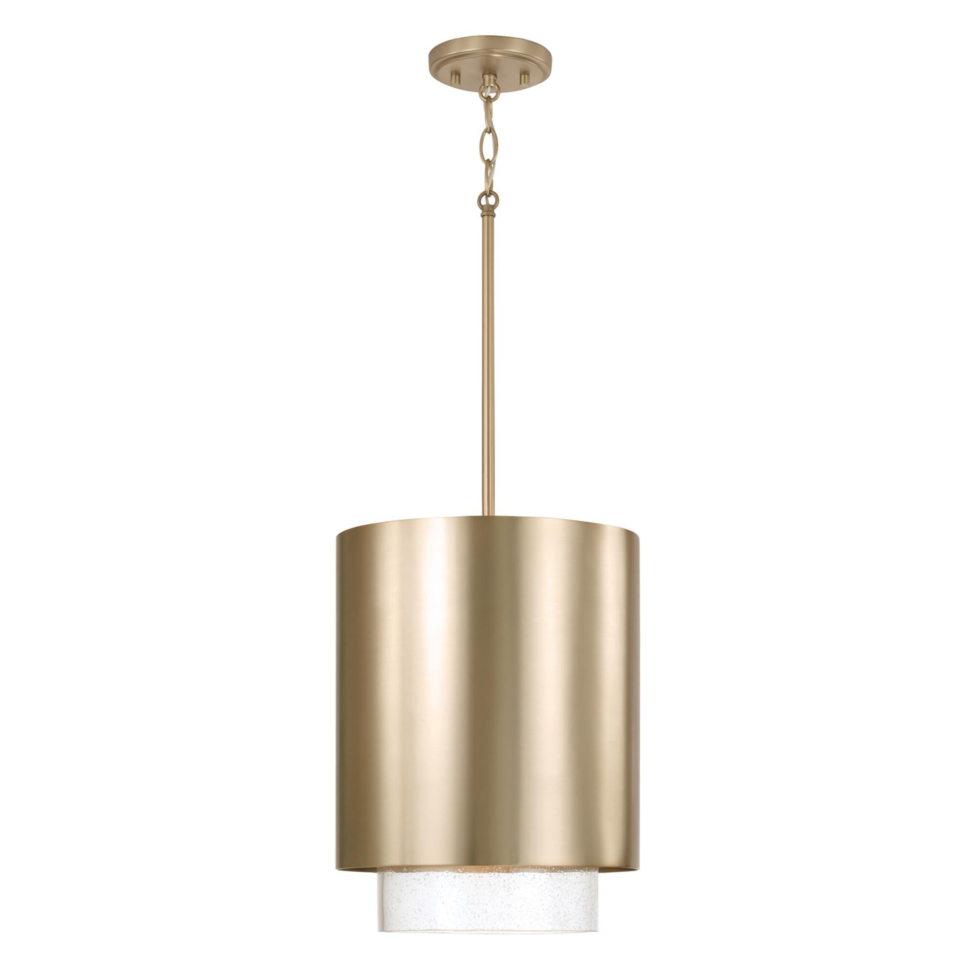 Shown in Matte Brass finish and Clear Seeded glass and Metal shade