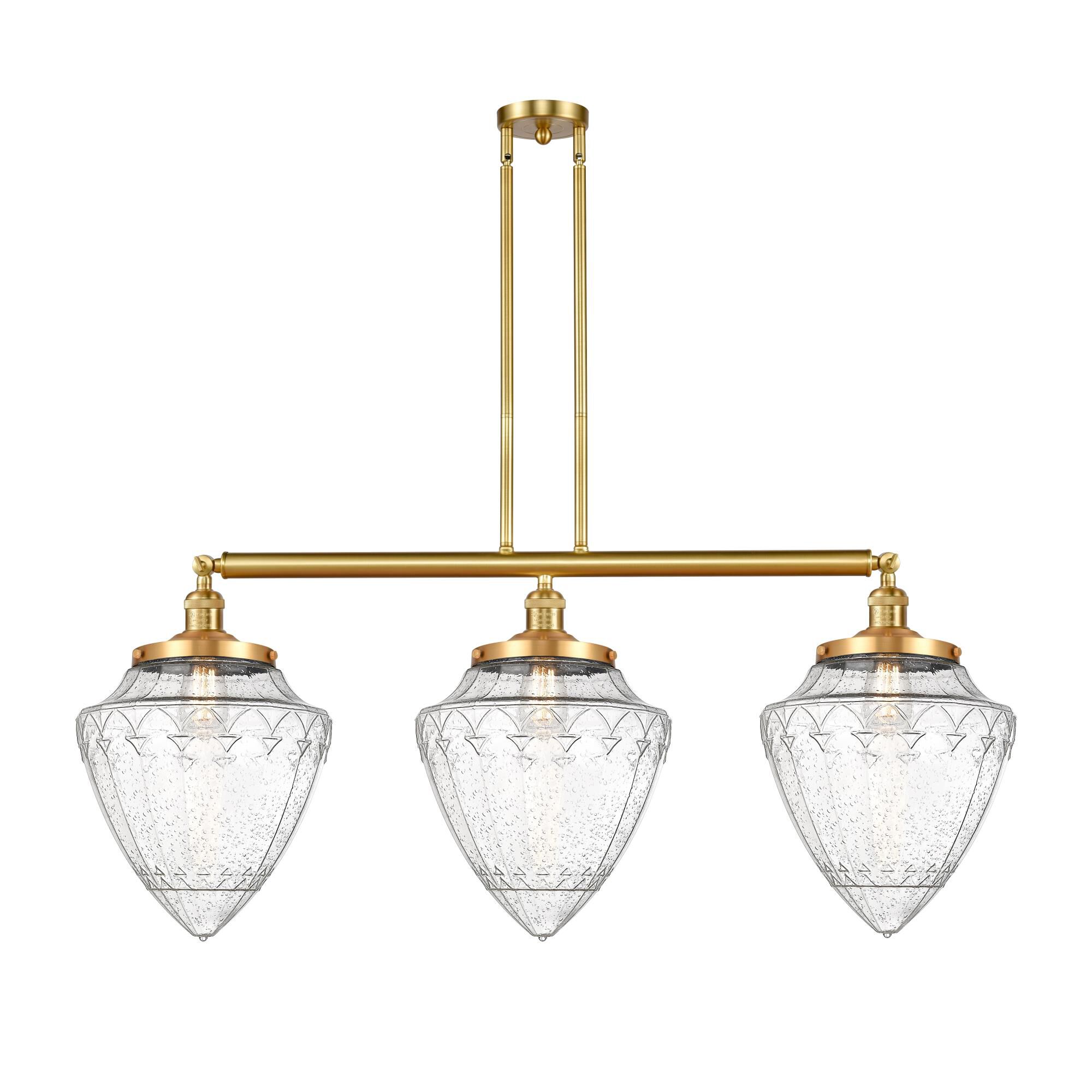 Shown in Satin Gold finish and Seedy glass