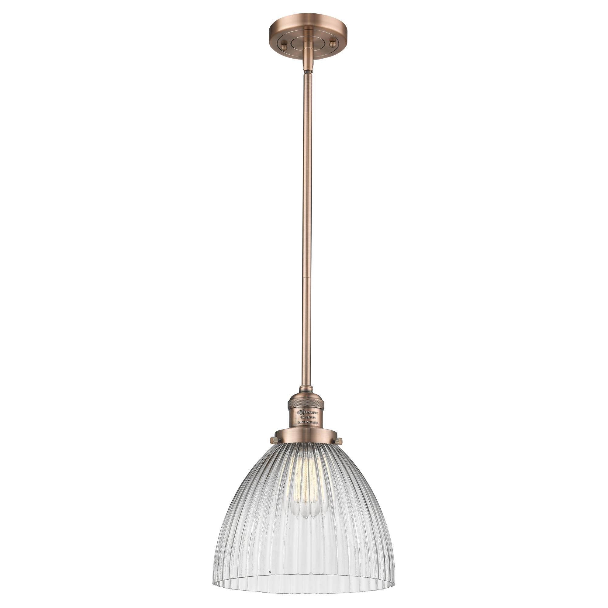 Shown in Antique Copper finish and Clear Halophane glass