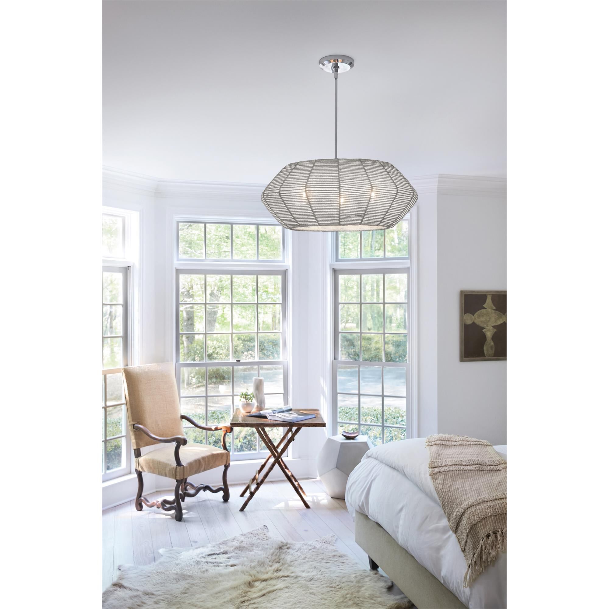 Shown in Polished Chrome finish and Natural Rattan shade