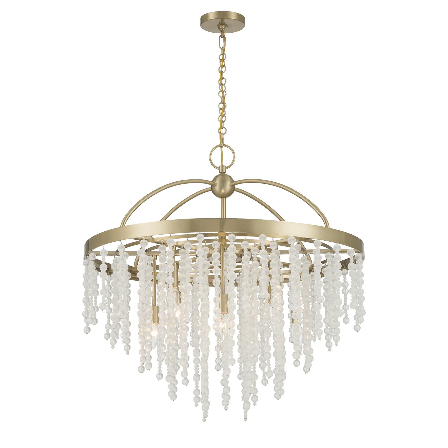 Shown in Noble Brass finish and Frosted Strands glass