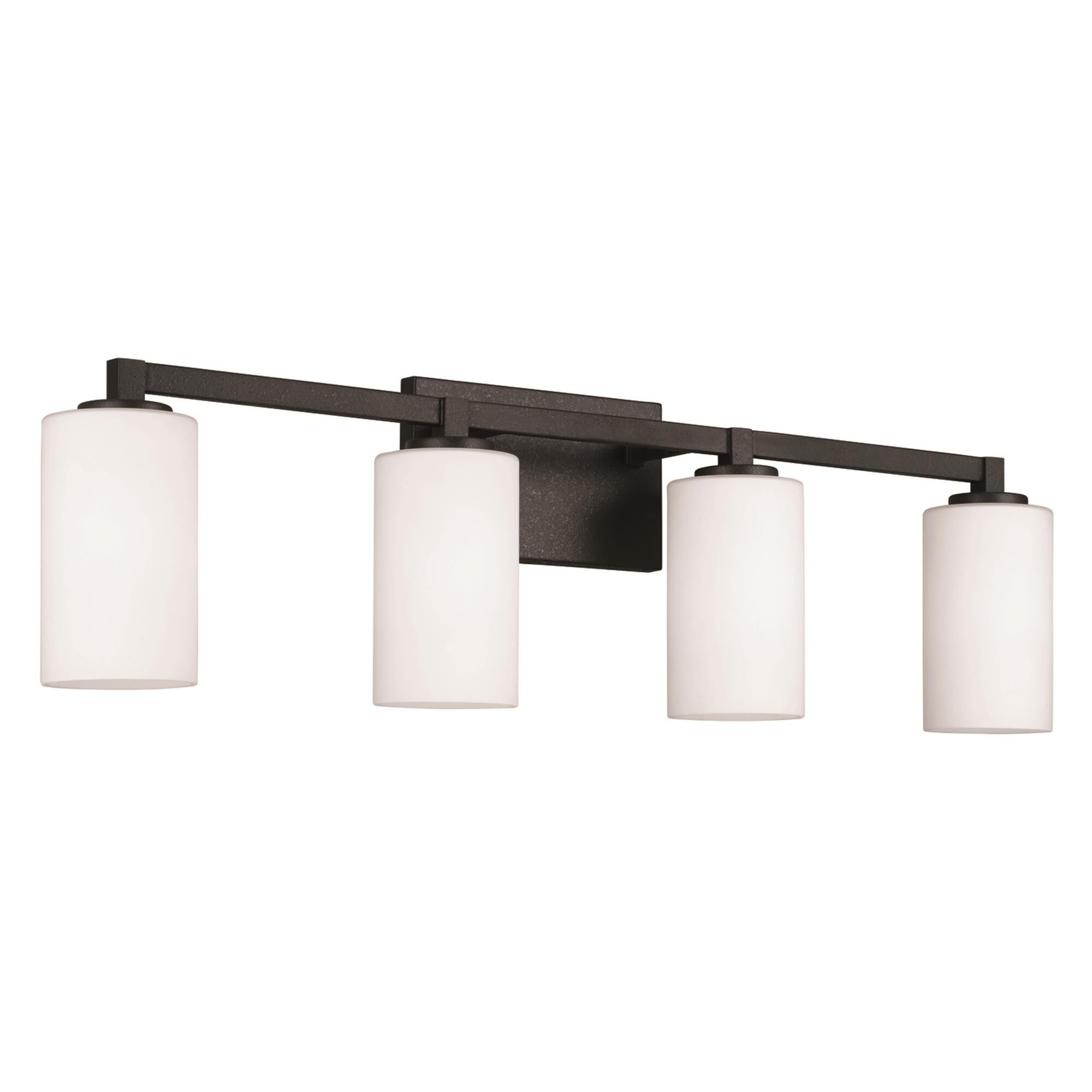 Shown in Black Iron finish and Soft White glass