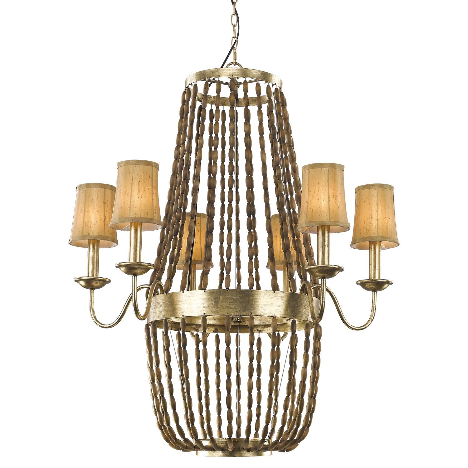 Shown in Antique Gold Leaf finish and Gold glass and Gold Fabric s shade
