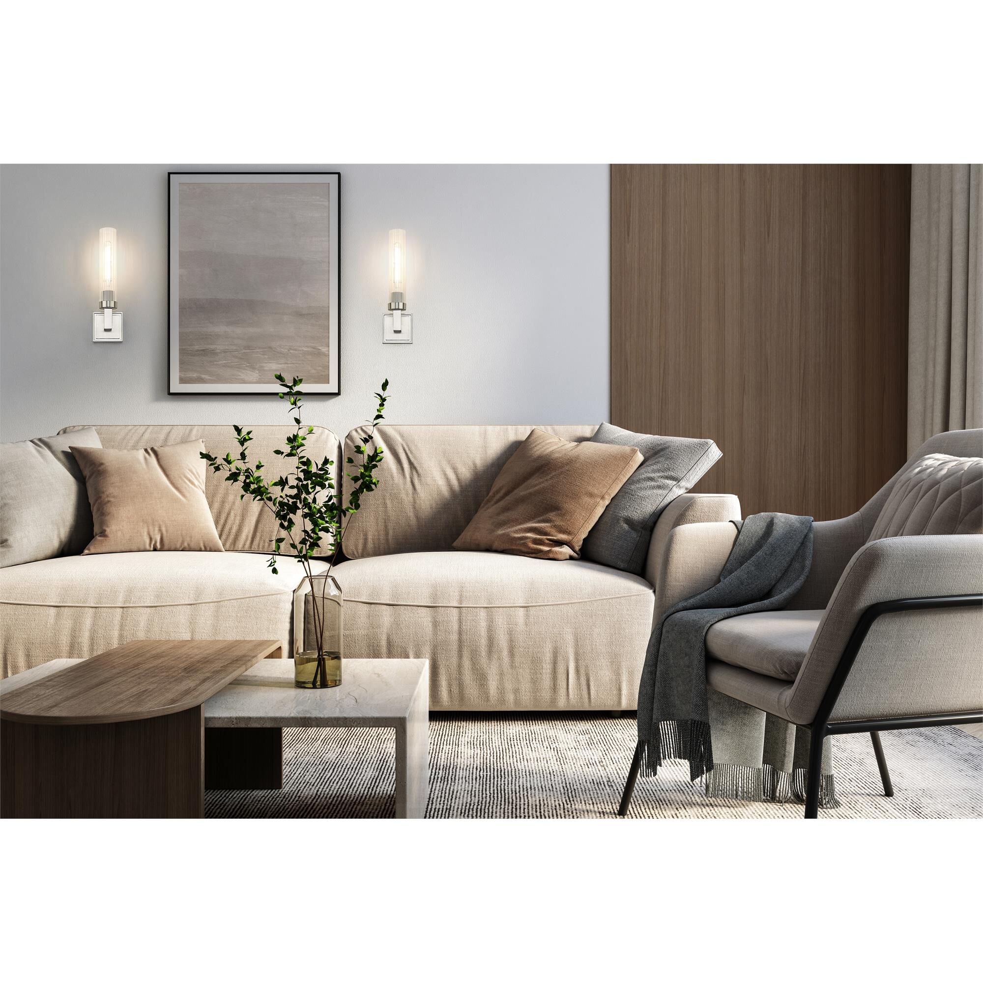 Shown in Brushed Nickel finish and Clear Ribbed glass and Clear Ribbed shade