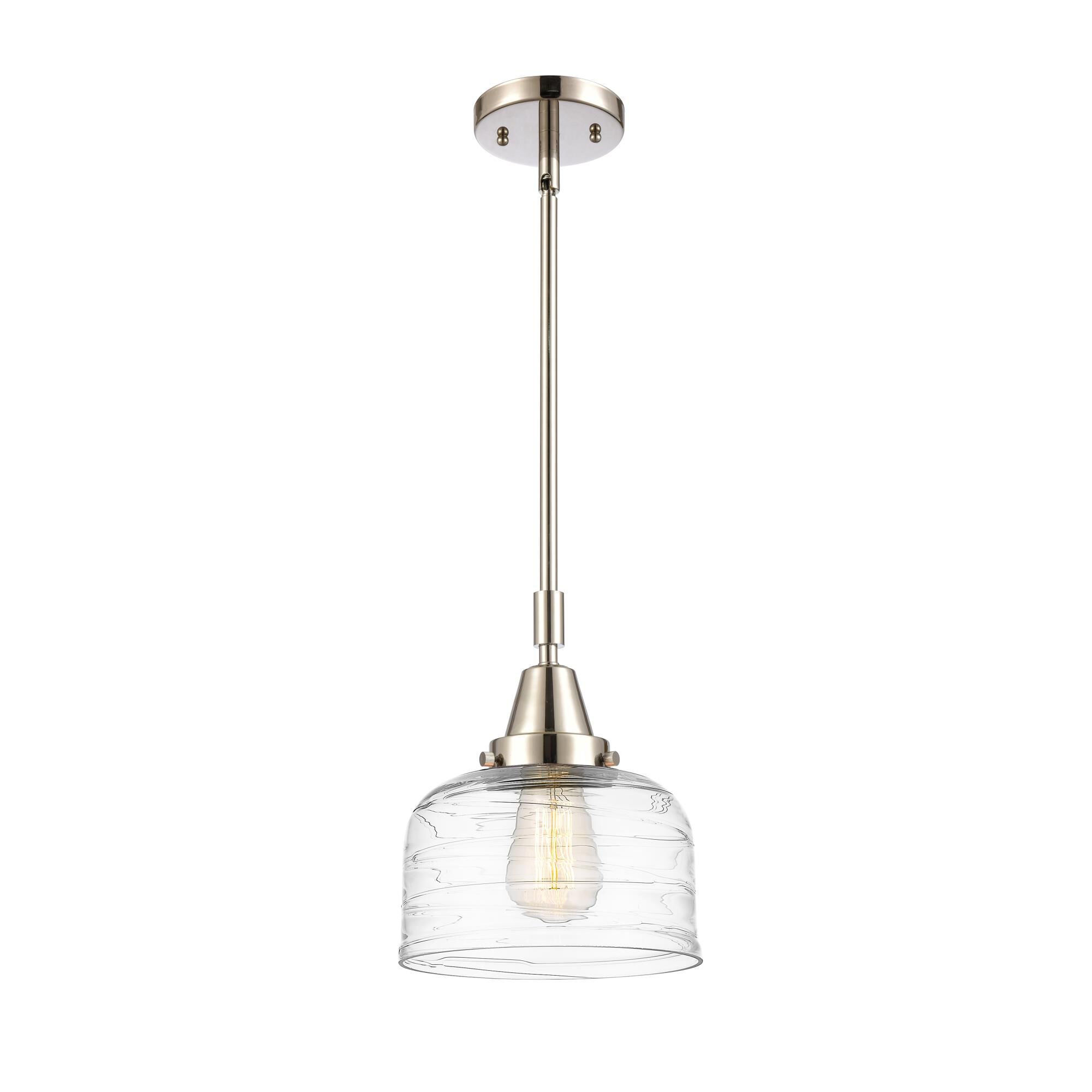 Shown in Polished Nickel finish and Clear Deco Swirl Large Bell glass