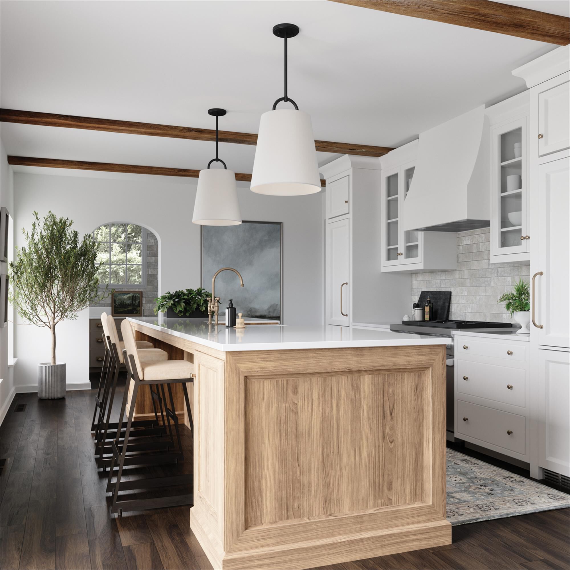 Shown in Matte Black finish and White Fabric shade