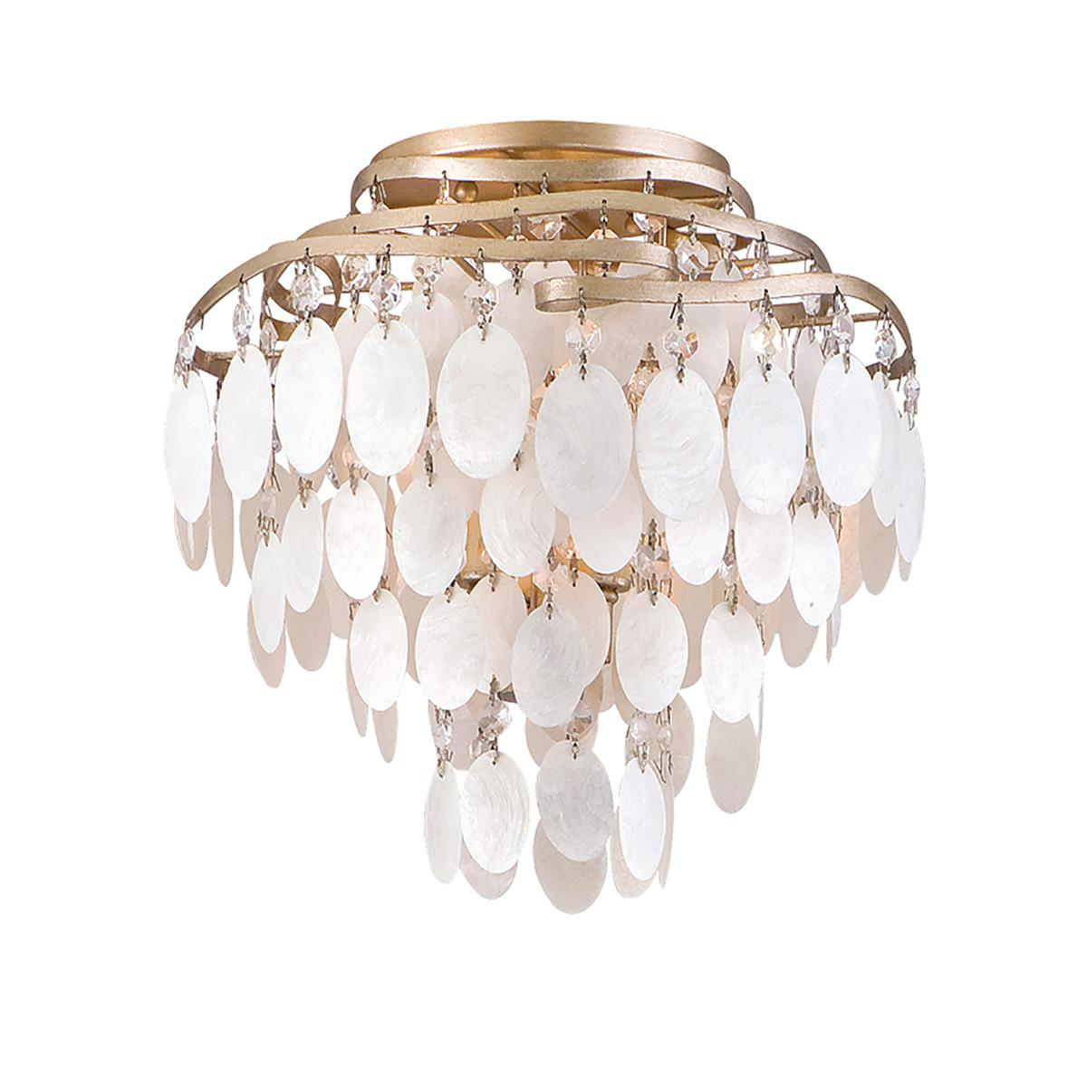 Shown in Champagne Leaf finish and Capiz, Clear glass and Capiz Shell, Crystal shade