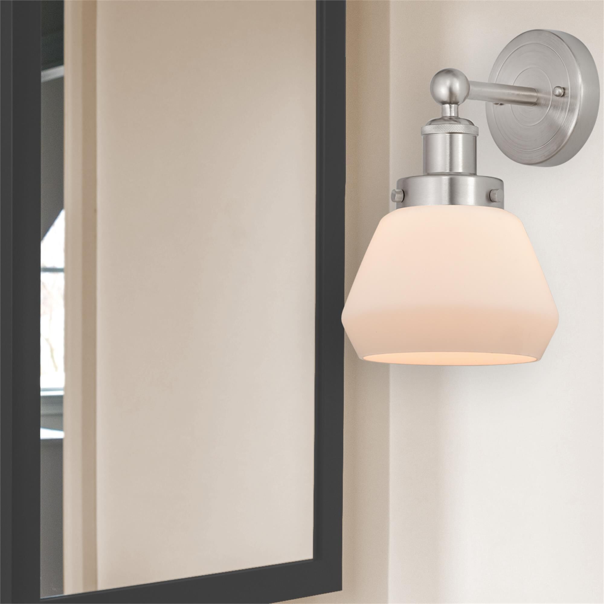 Shown in Brushed Satin Nickel  finish and Matte White glass