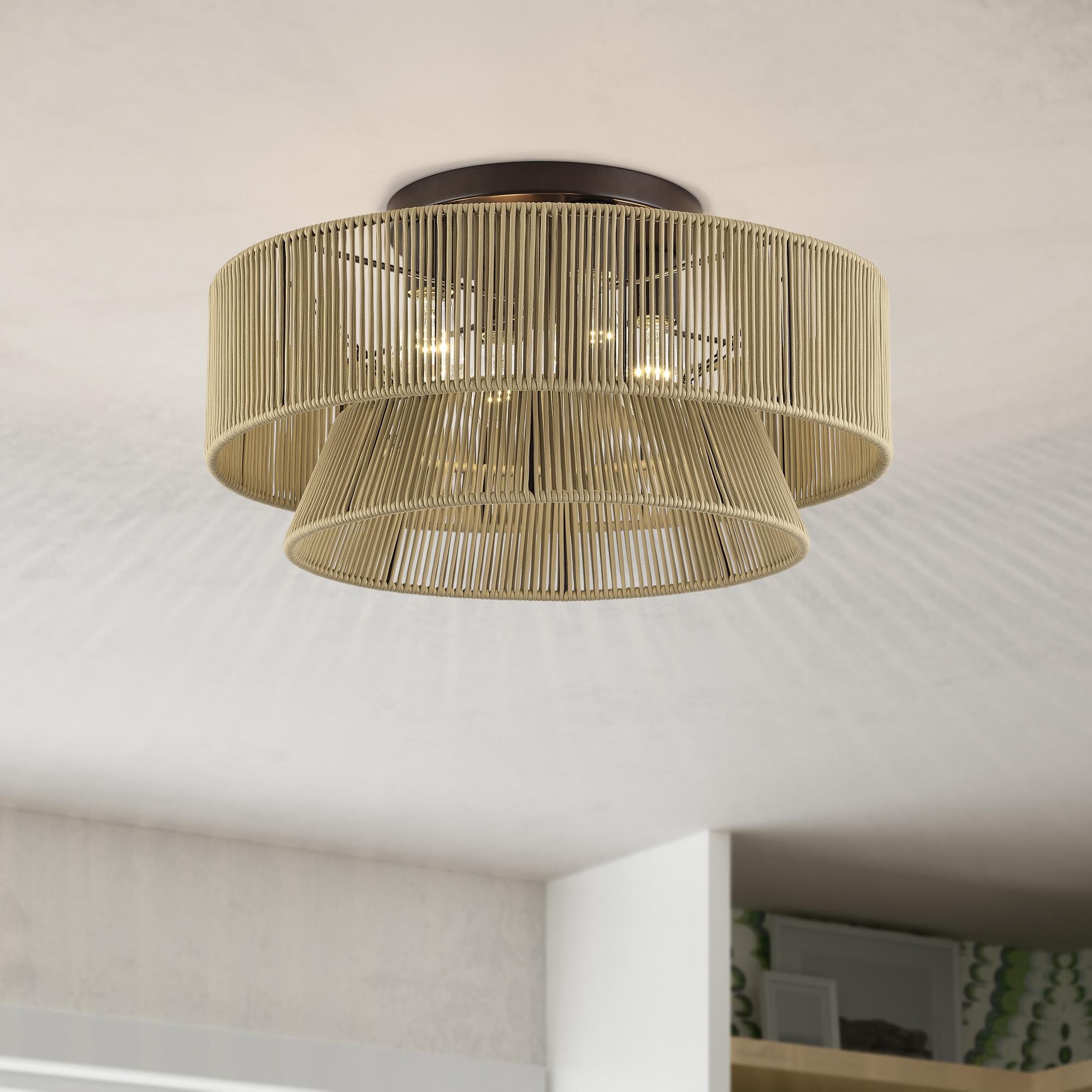 Shown in English Bronze finish and Hand-Woven Venetian Gold Color Polyester Rope shade