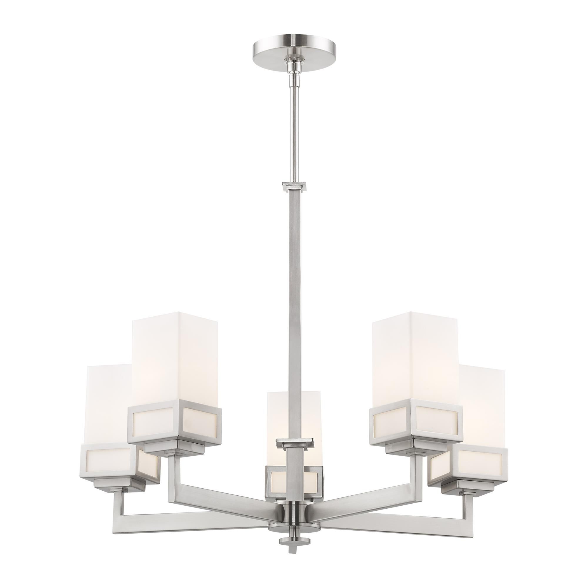 Shown in Brushed Nickel finish and Hand Blown Satin Opal White glass