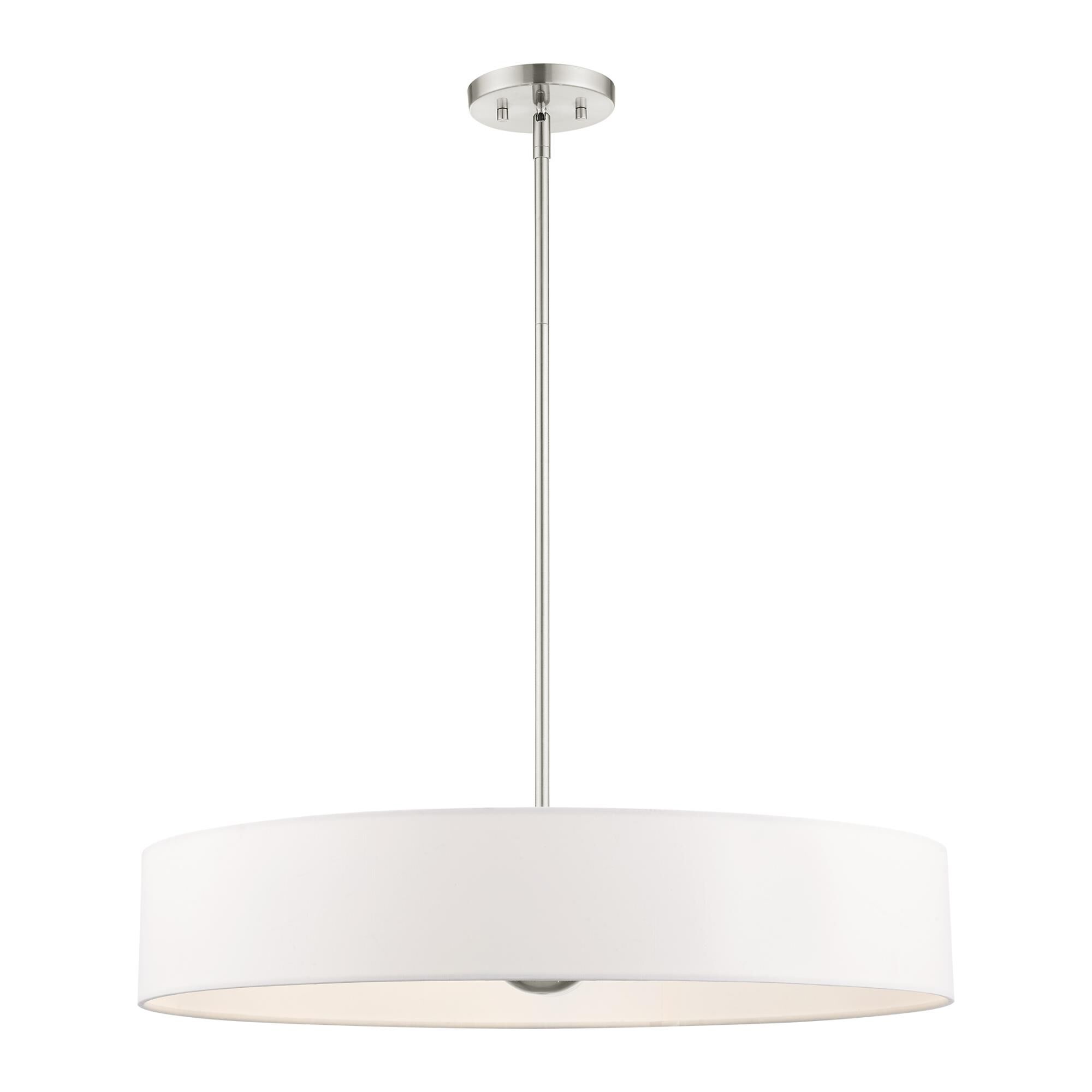 Shown in Brushed Nickel finish and Hand Crafted Off White Fabric Hardback Shade glass and Hand Crafted Off White Fabric Hardback shade