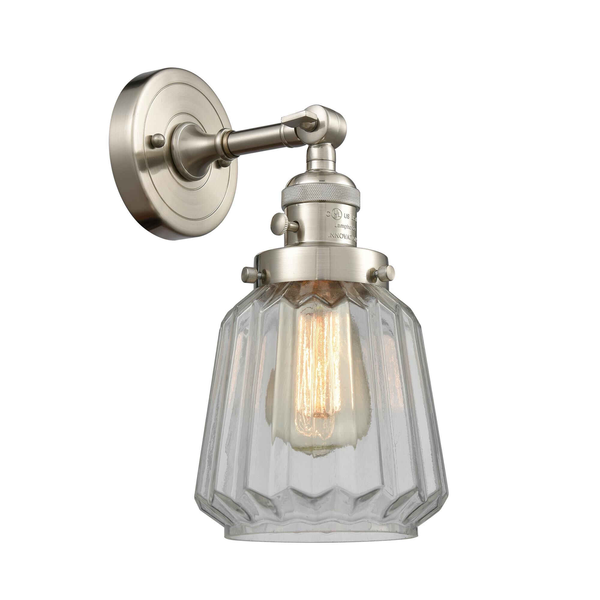 Shown in Brushed Satin Nickel finish and Clear glass