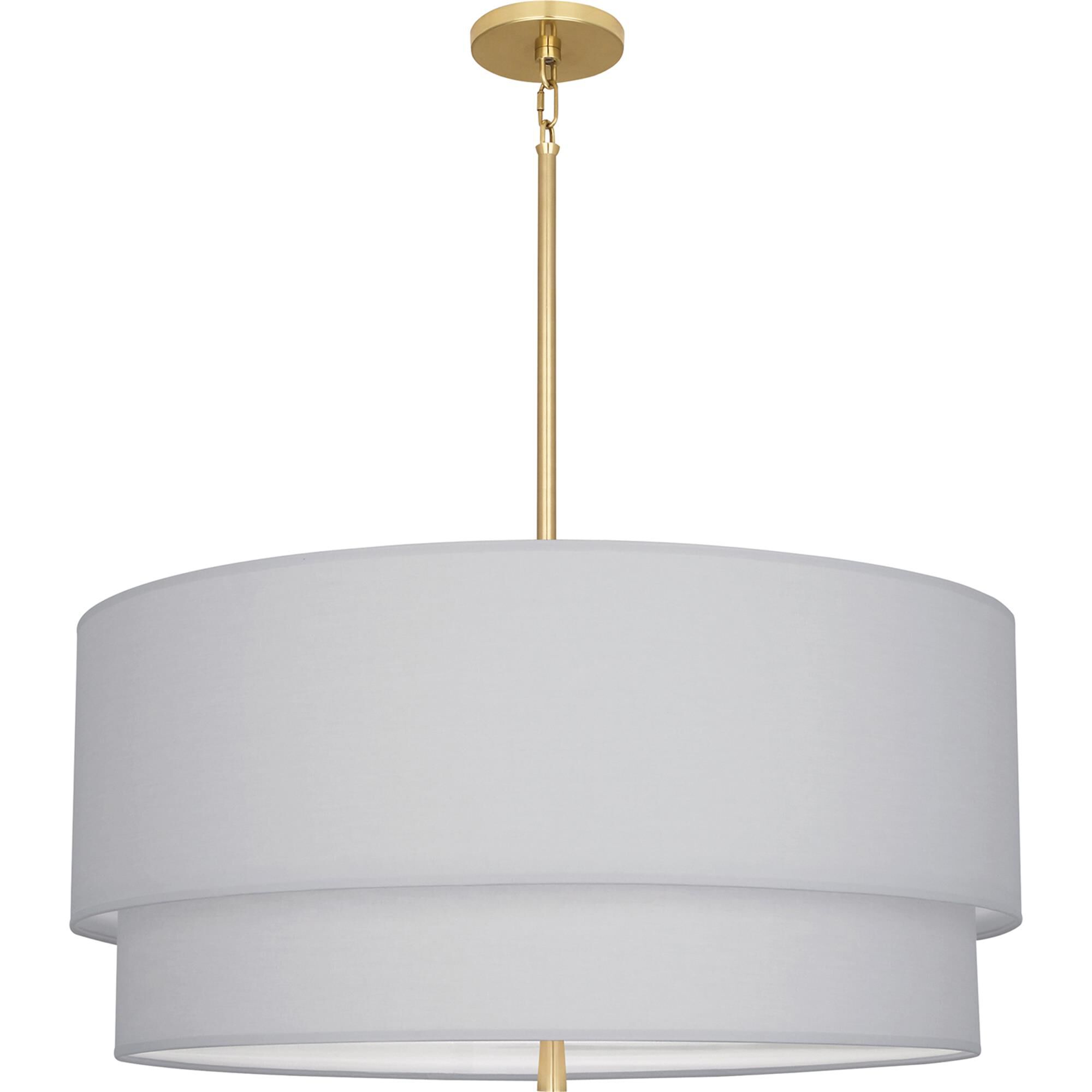 Shown in Modern Brass Finish finish and Modern Brass Finish glass and Pearl Gray Fabric shade