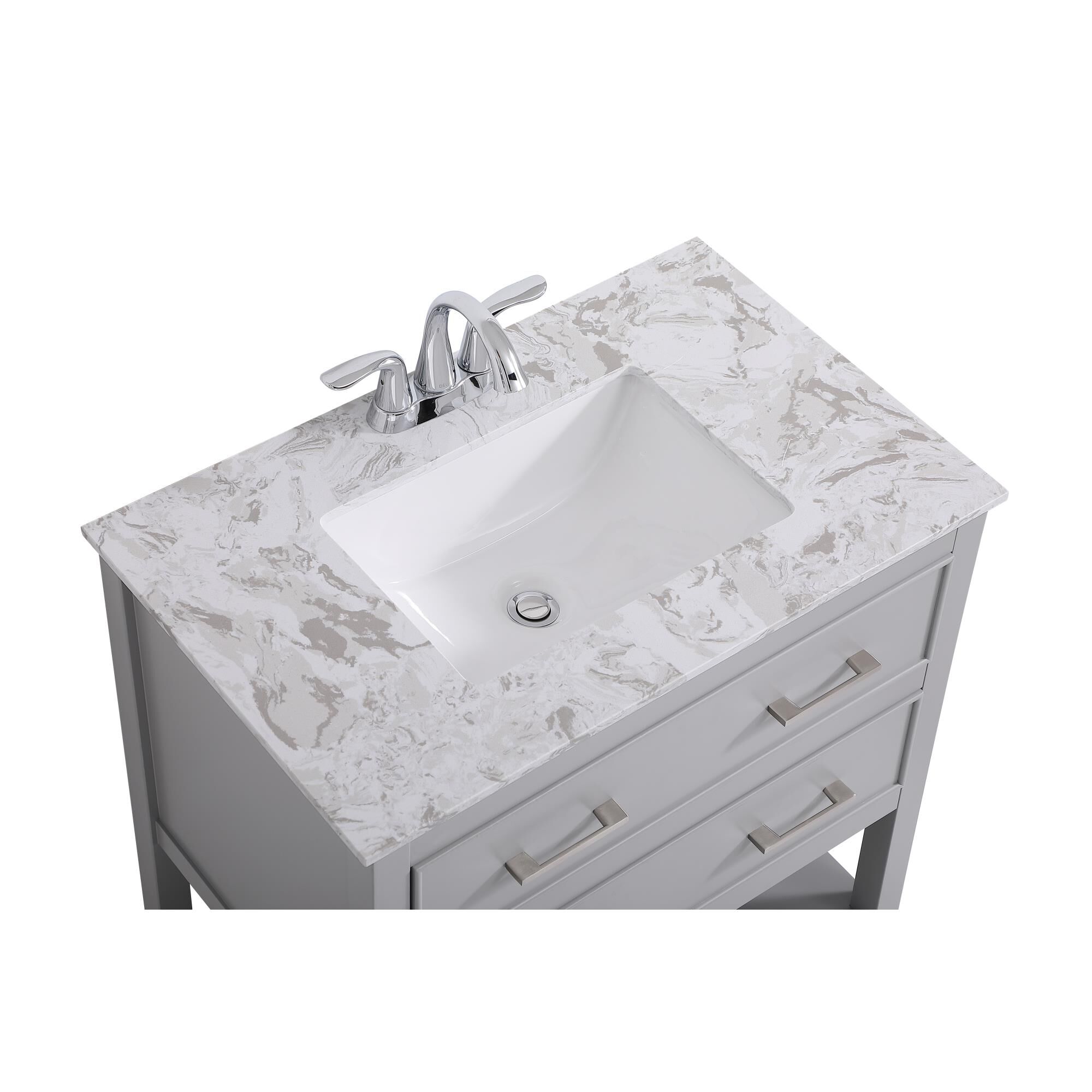 Shown in Grey And Brushed Nickel With Calacatta Quartz finish