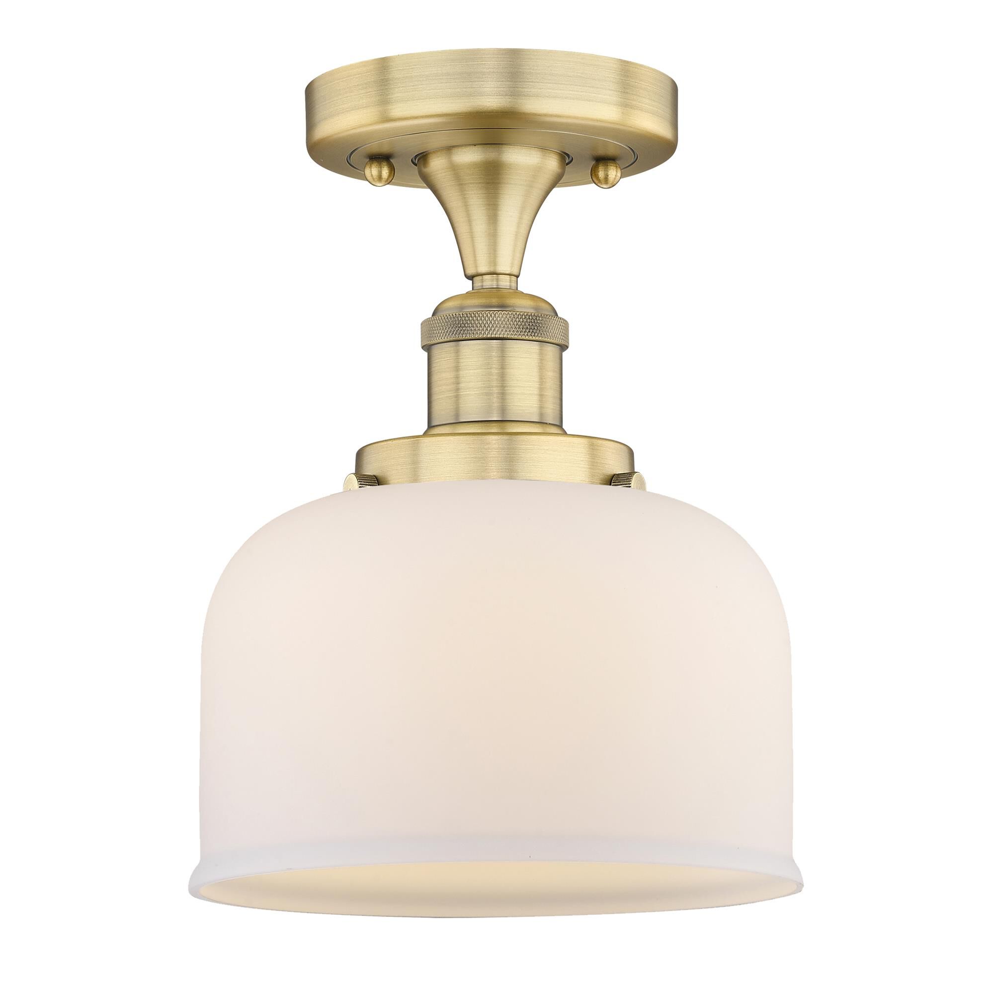Shown in Brushed Brass finish and Matte White glass