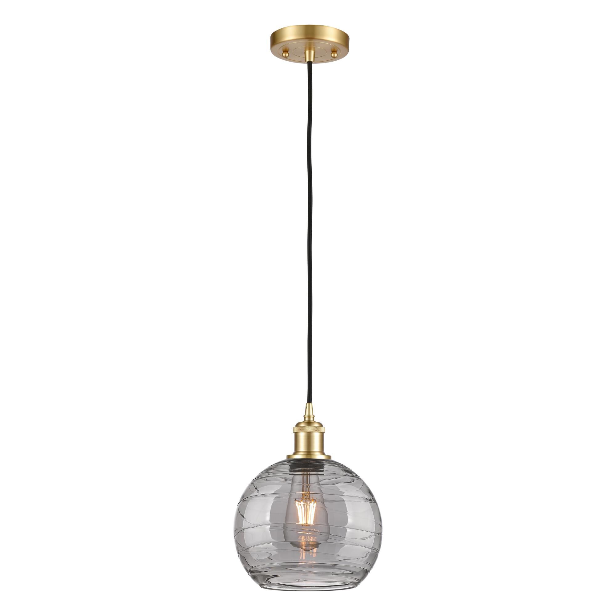 Shown in Satin Gold finish and Light Smoke Deco Swirl glass