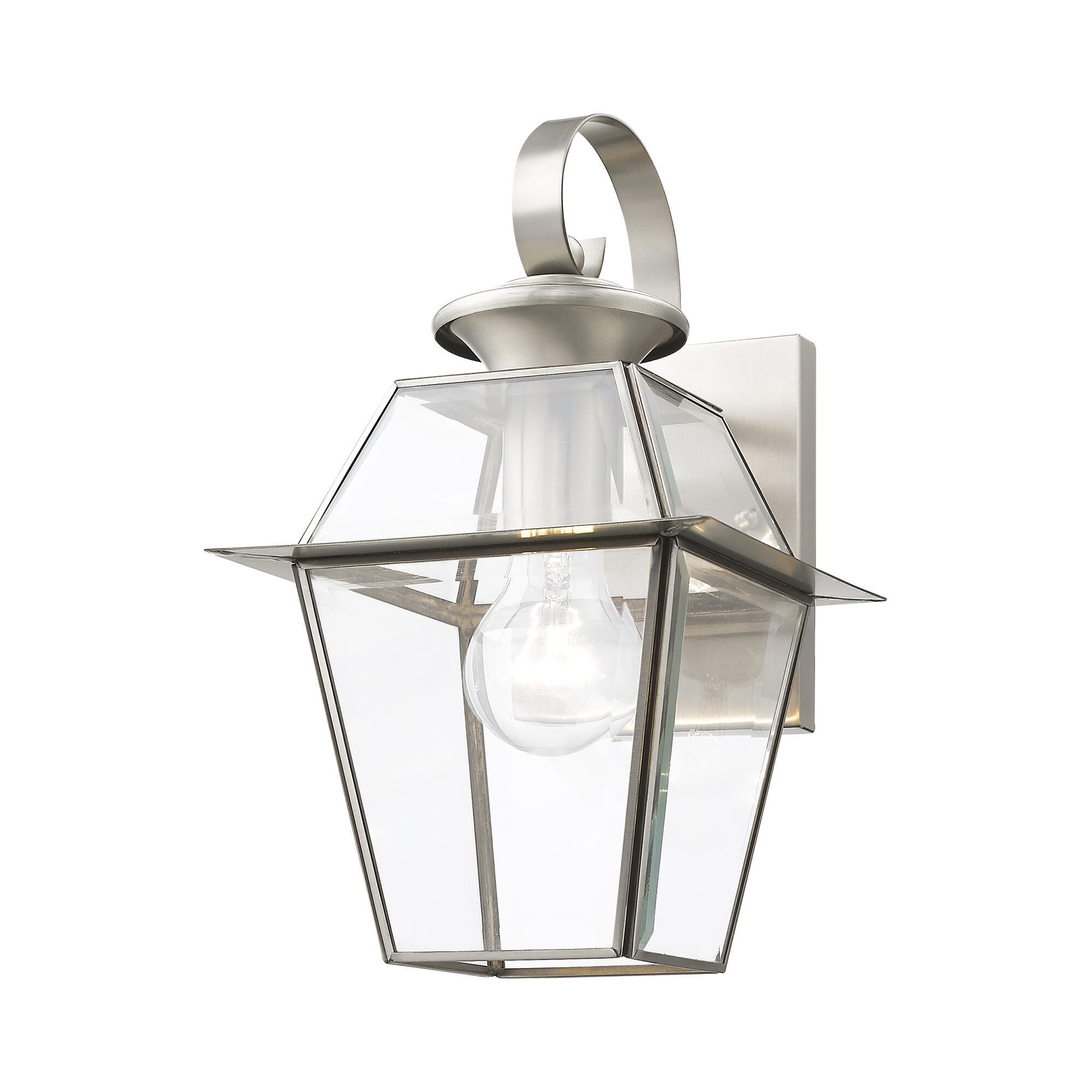 Shown in Brushed Nickel finish and Clear Beveled glass