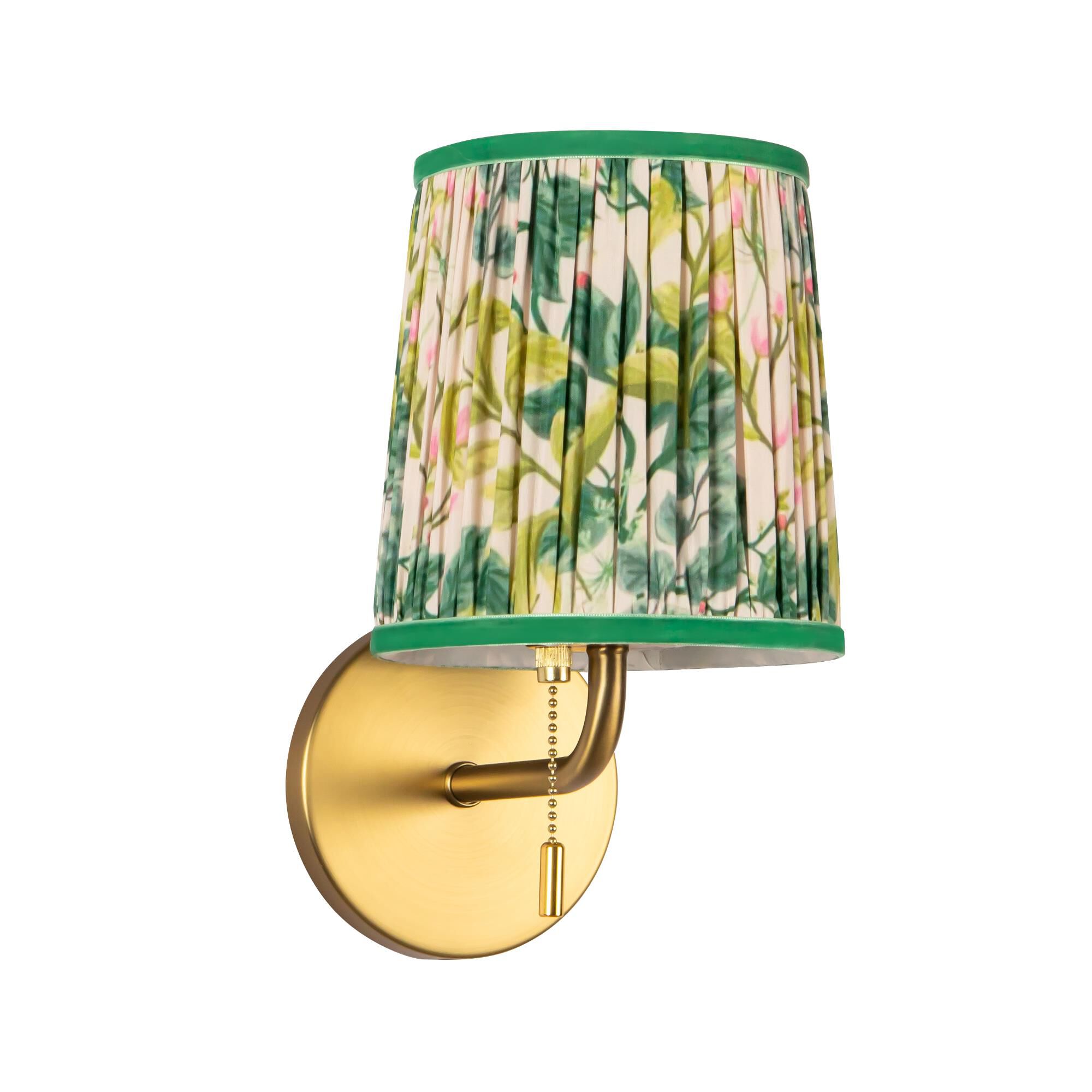Shown in Brushed Gold finish and Green Linen shade