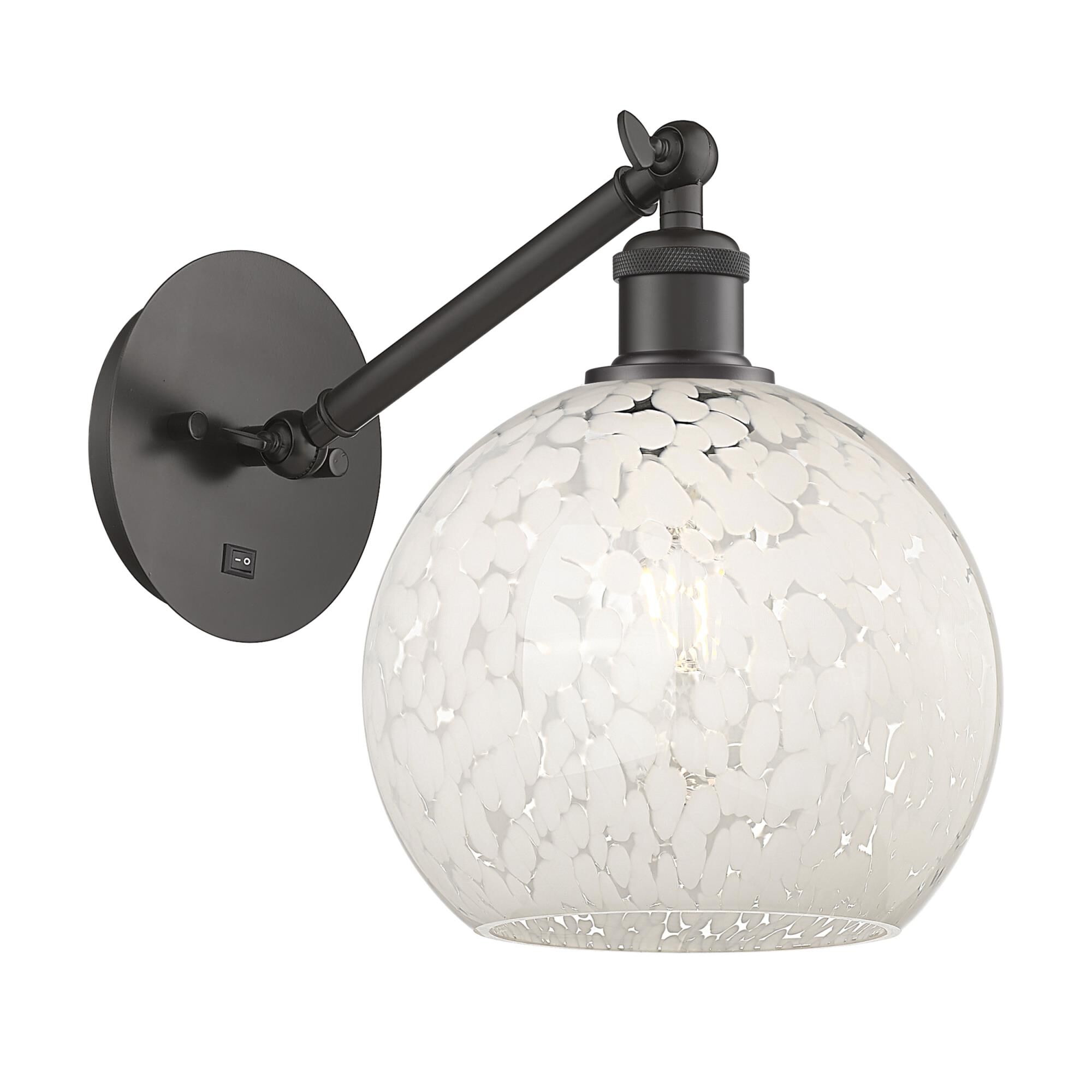 Shown in Oil Rubbed Bronze finish and White Mouchette glass