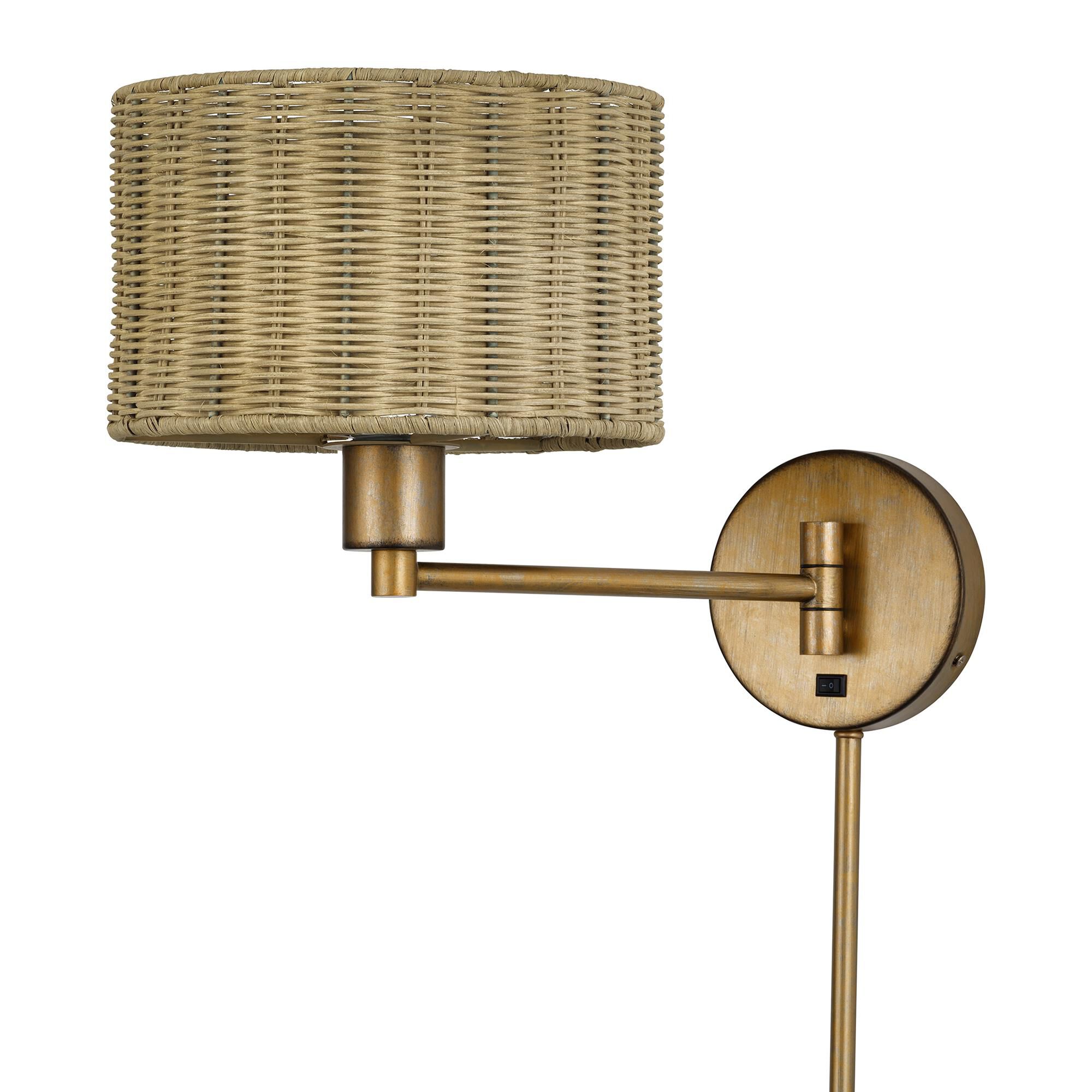 Shown in Antique Gold Leaf finish and Hand-Woven Rustic Walnut Color Rattan shade