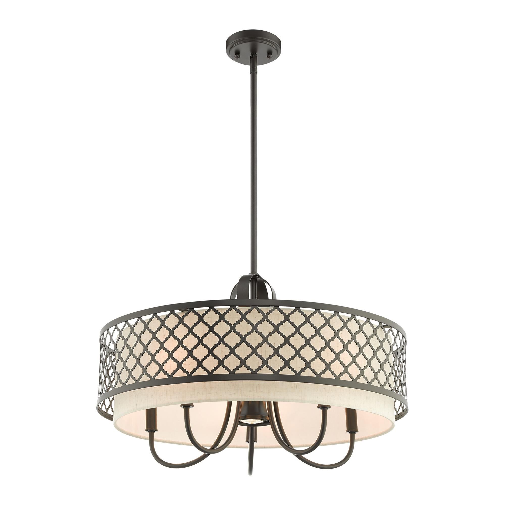 Shown in English Bronze finish and Hand Crafted Oatmeal Color Fabric Outside & White Fabric Inside Hardback shade