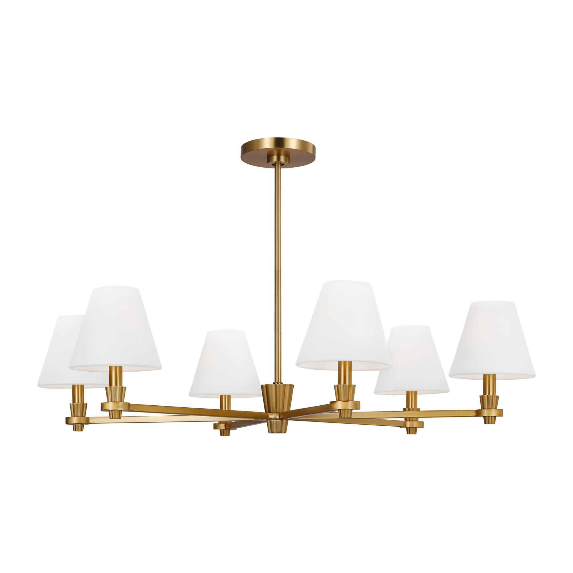Shown in Burnished Brass finish and White Linen Fabric s shade