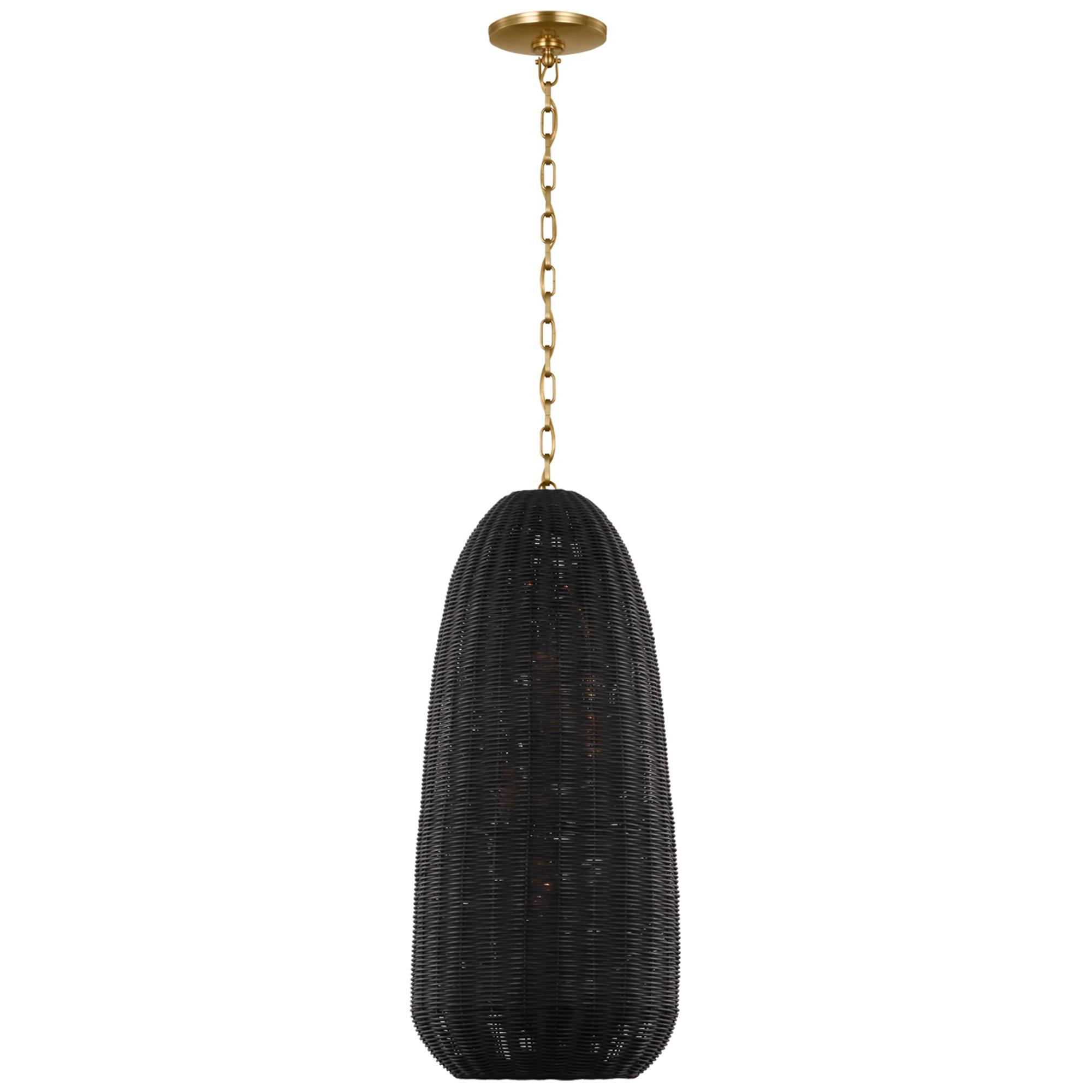 Shown in Antique-Burnished Brass finish and Charcoal Wicker shade