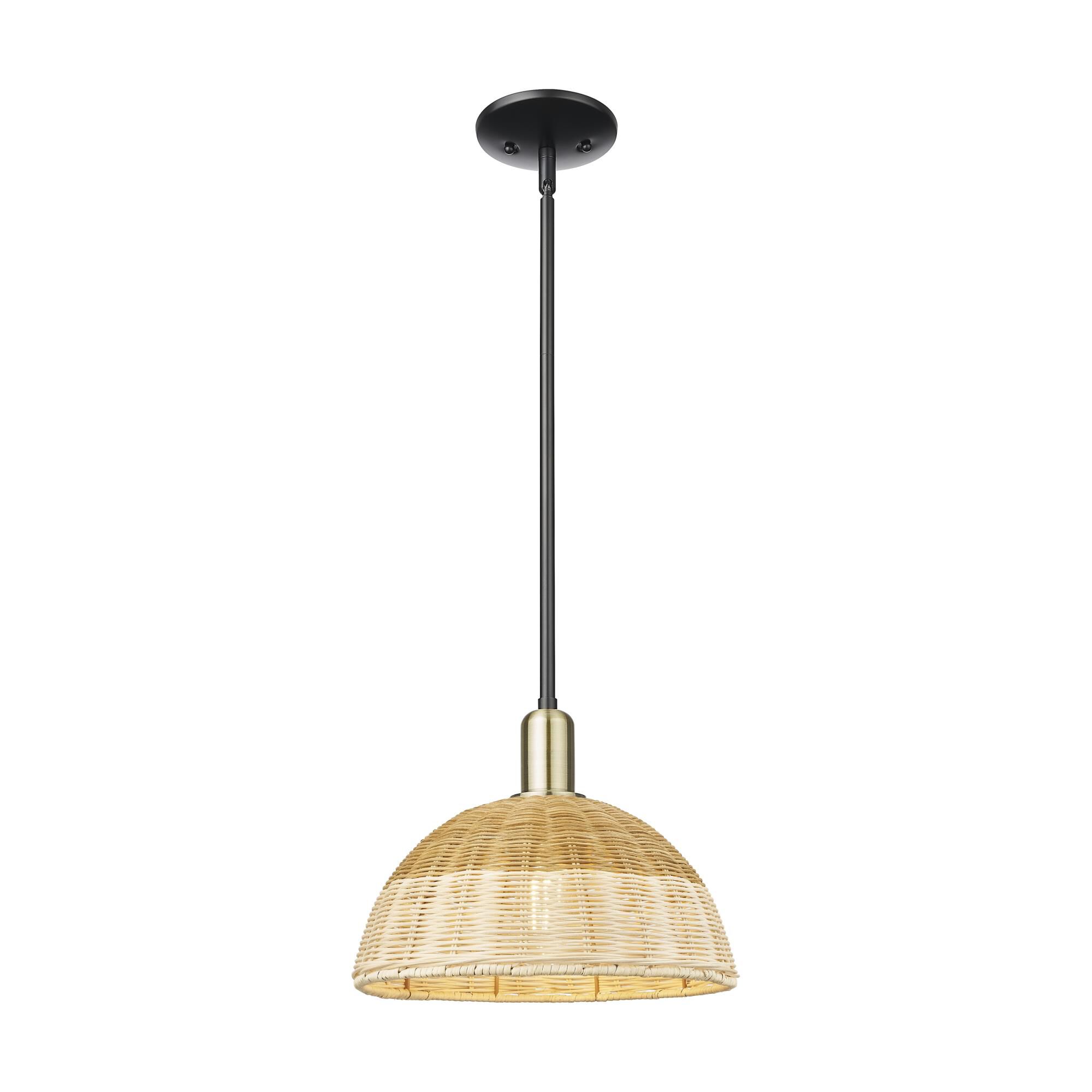 Shown in Black Antique Brass finish and Natural shade
