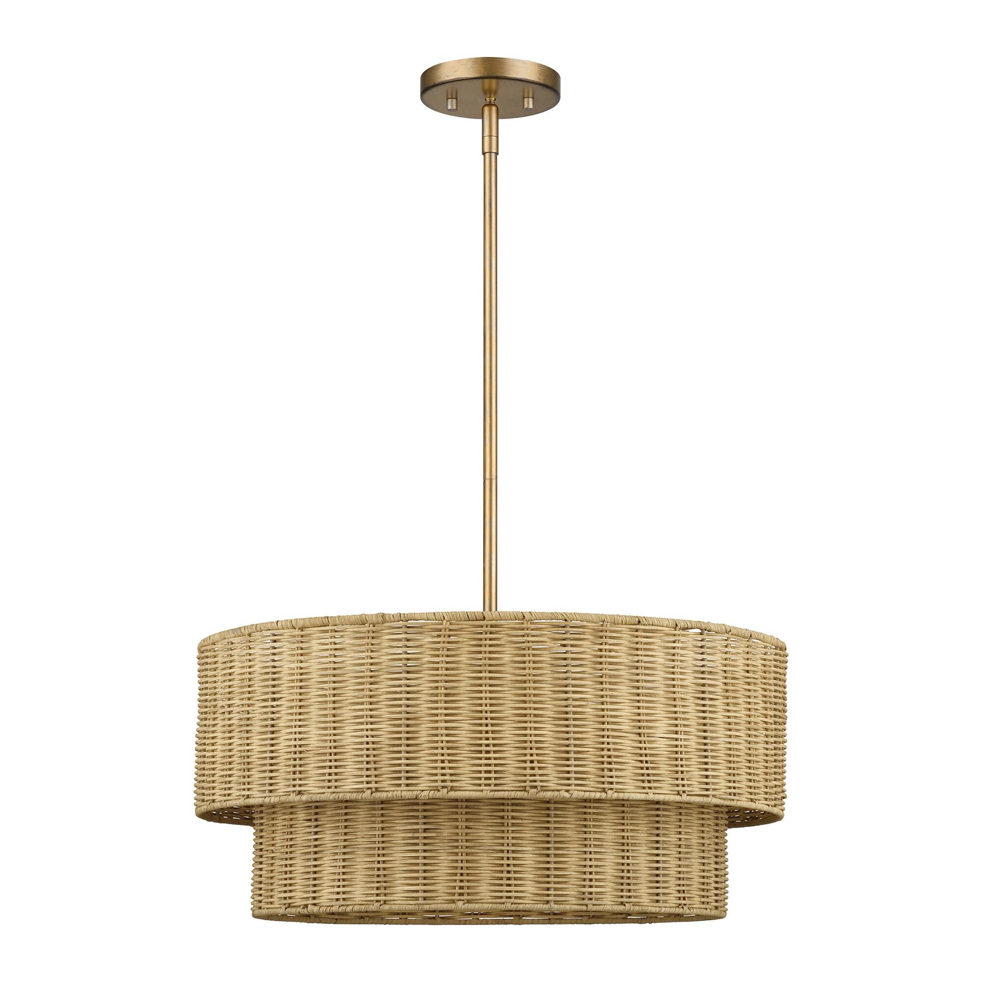 Shown in Antique Gold Leaf finish and Hand-Woven Rustic Walnut Color Rattan shade