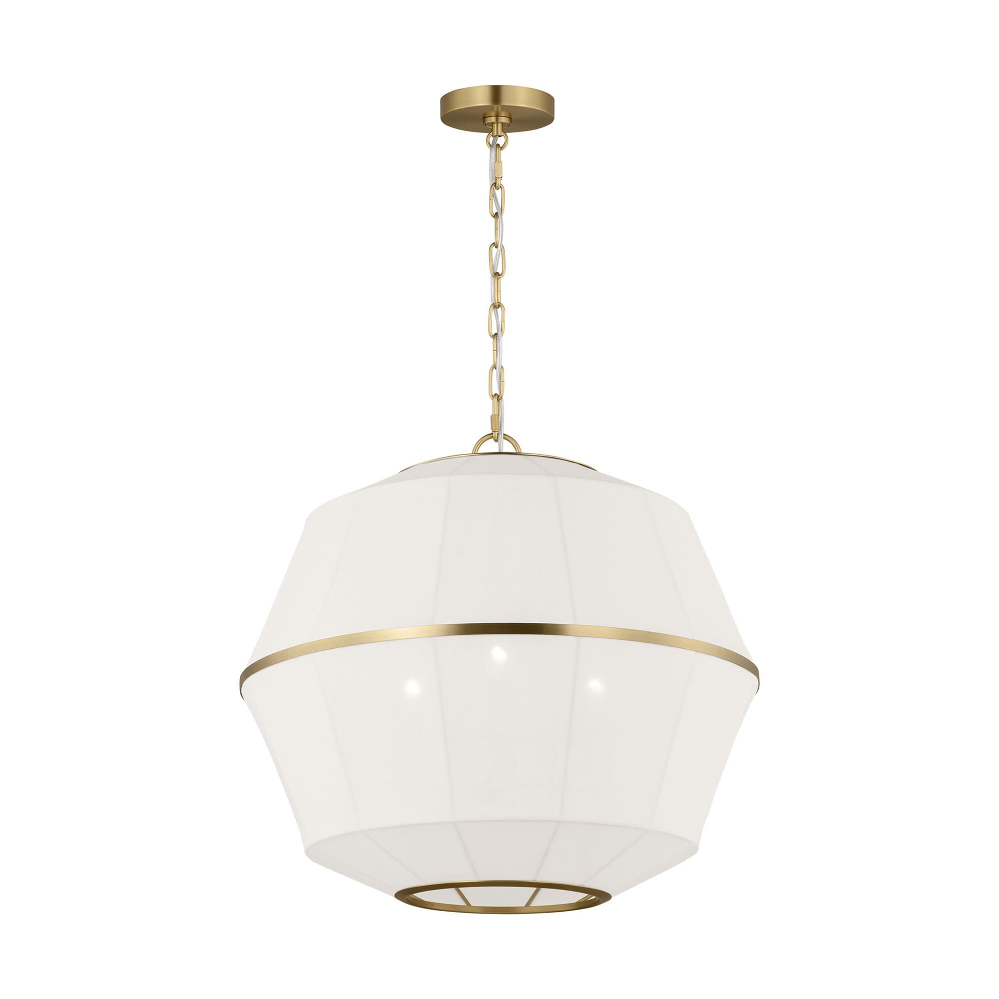 Shown in Burnished Brass finish and White Linen shade