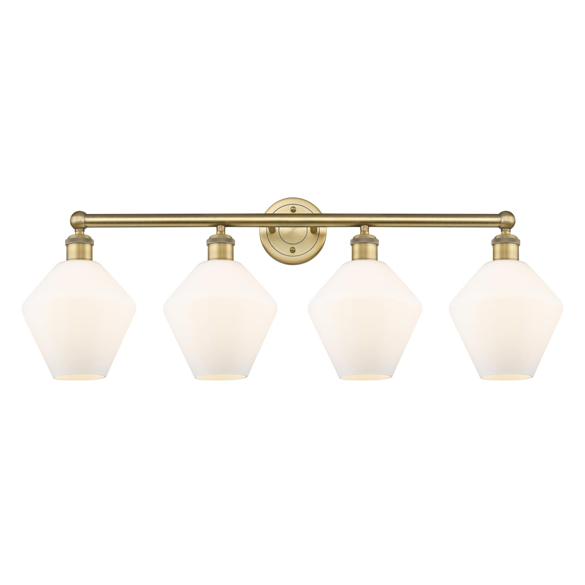 Shown in Brushed Brass finish and Cased Matte White glass