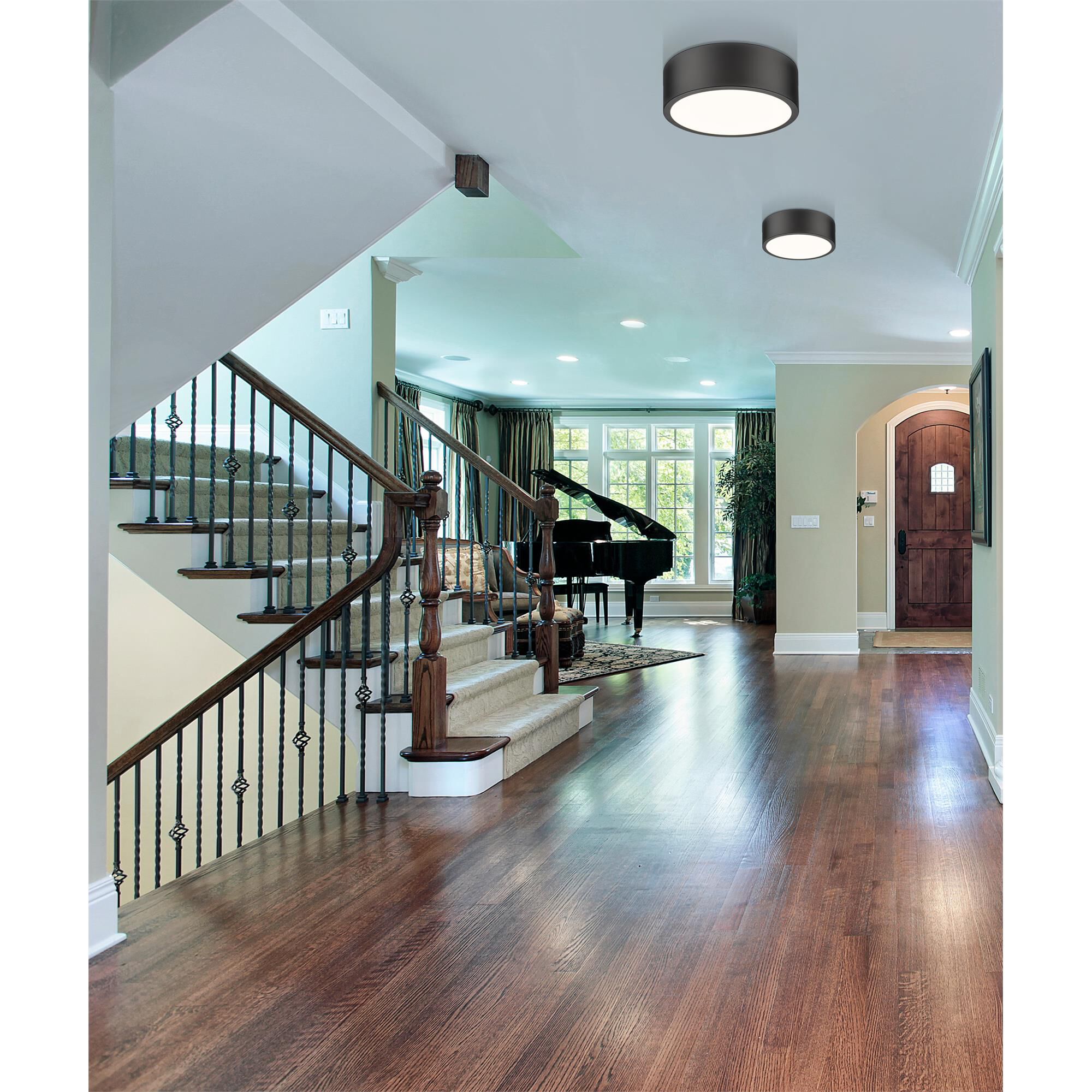 Shown in Matte Black finish and Frosted glass and Frosted shade