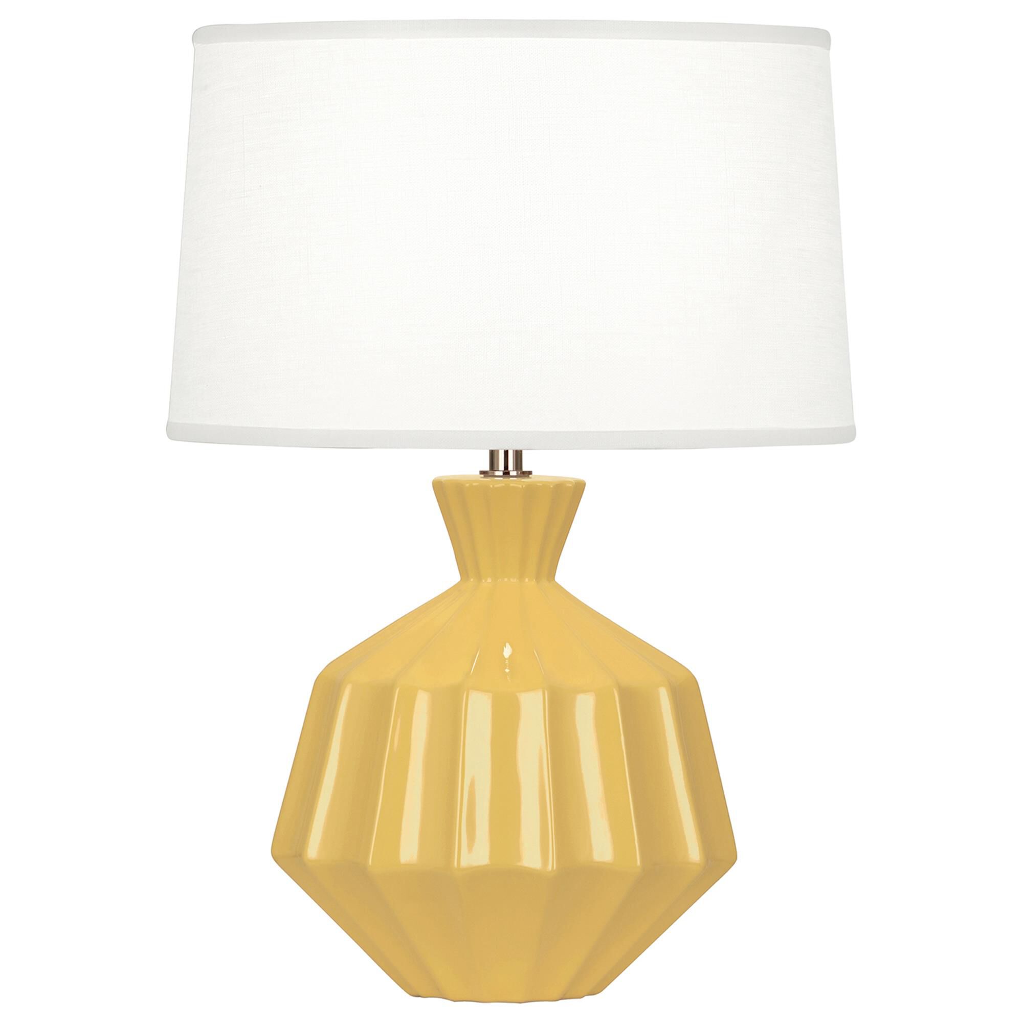 Shown in Sunset Yellow Glazed Ceramic finish and Oyster Linen With Self Fabric Top Diffuser shade