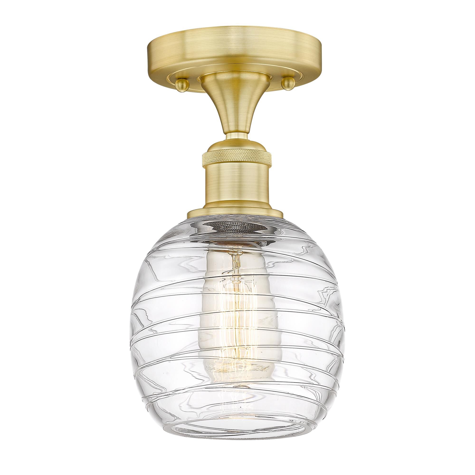 Shown in Satin Gold finish and Deco Swirl glass