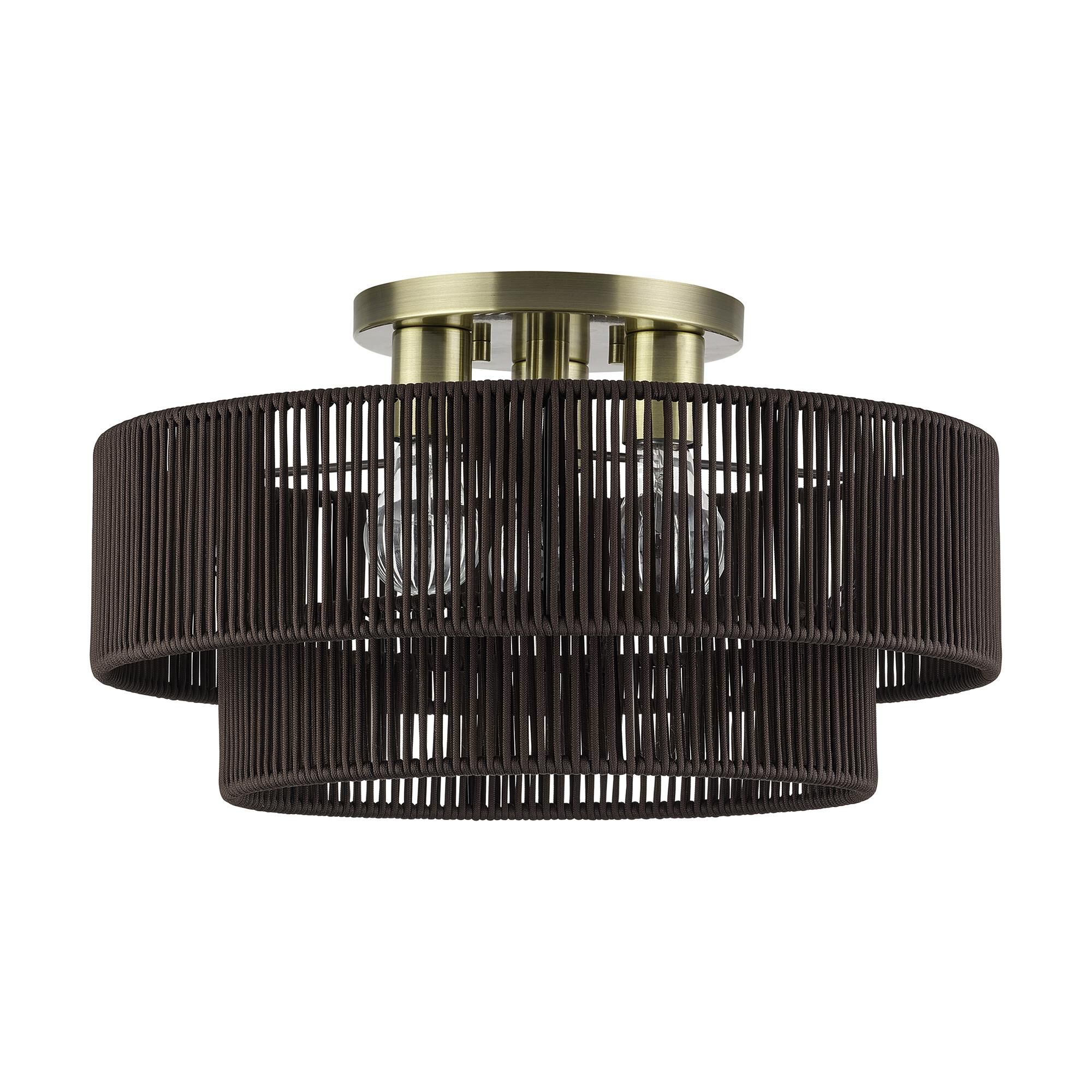 Shown in Antique Brass finish and Hand-Woven Dark Chocolate Color Polyester Rope shade