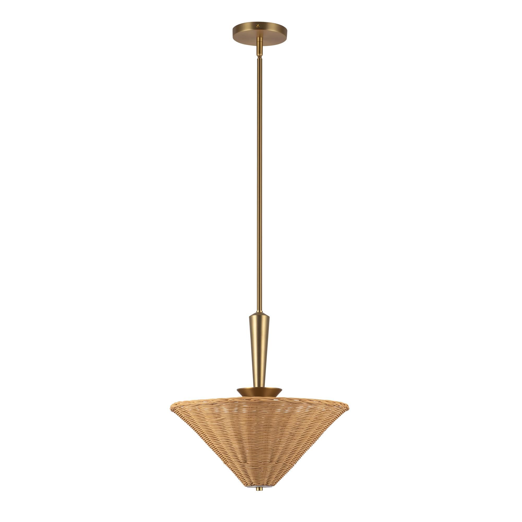 Shown in Brushed Gold finish and White Acrylic Diffuser glass and Rattan shade