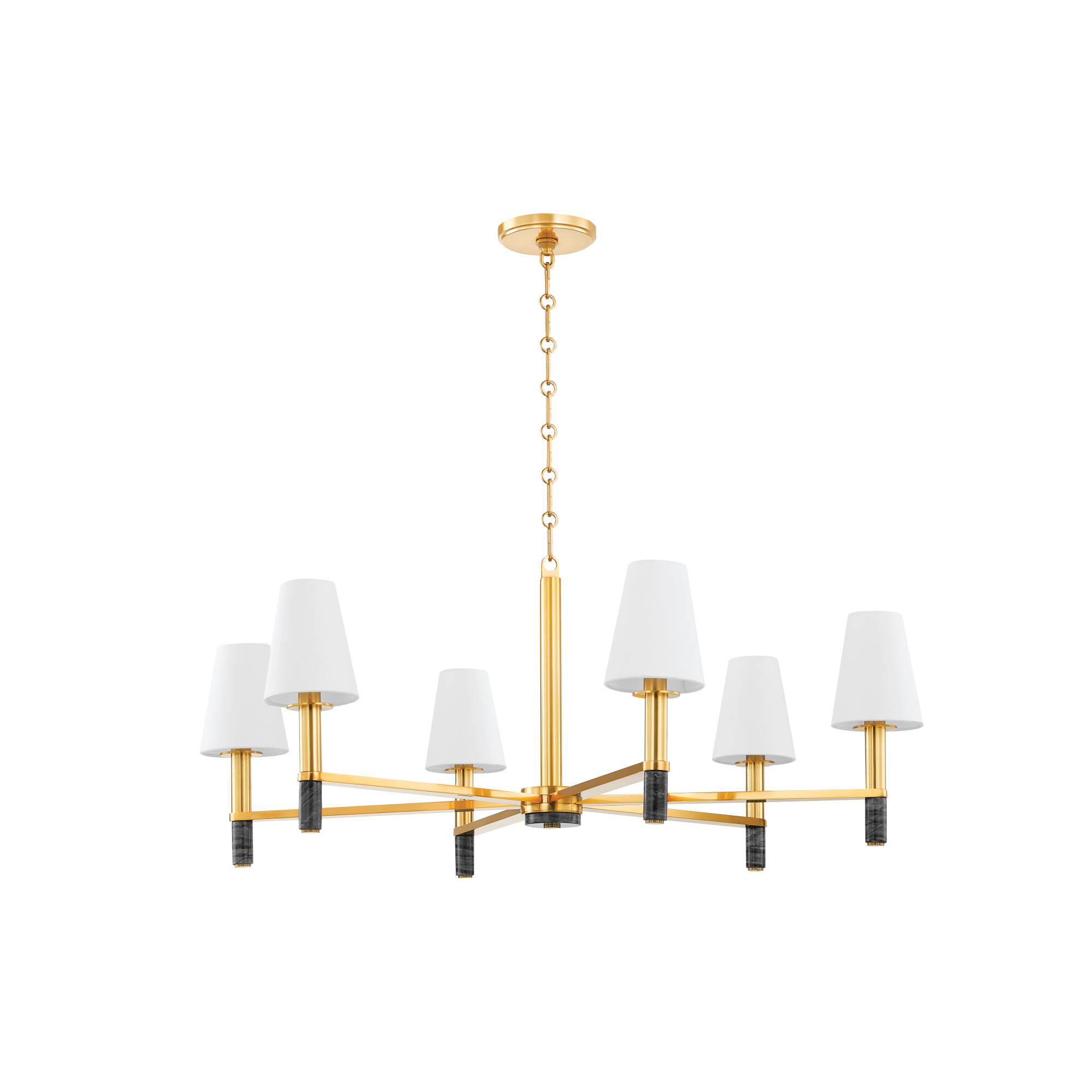 Shown in Aged Brass finish and White Linen shade