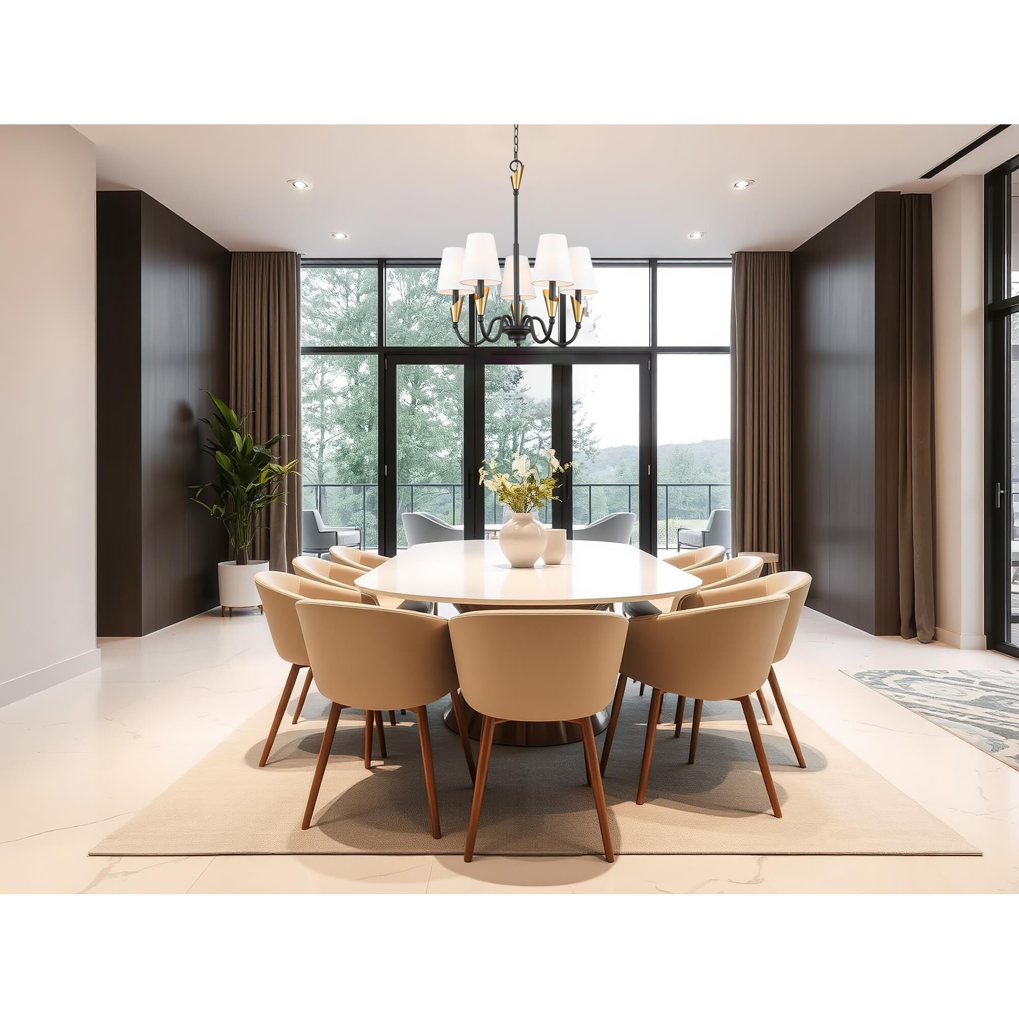 Shown in Matte Black And Modern Gold finish and White glass and White shade