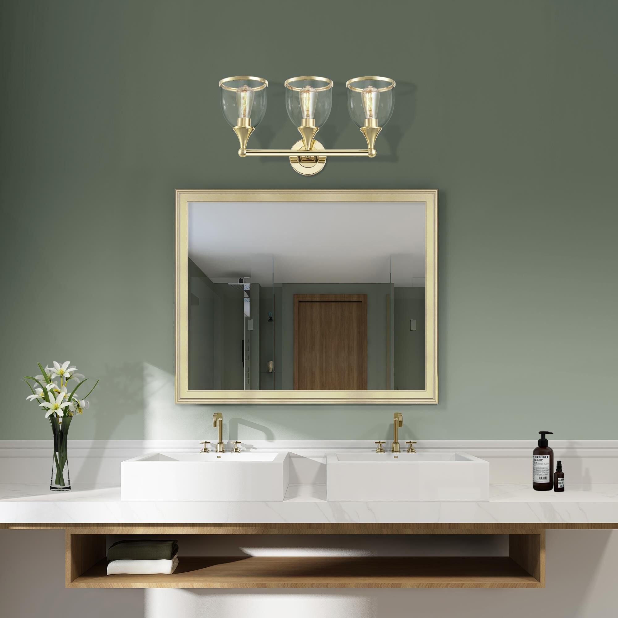 Shown in Polished Brass finish and Mouth Blown Clear glass