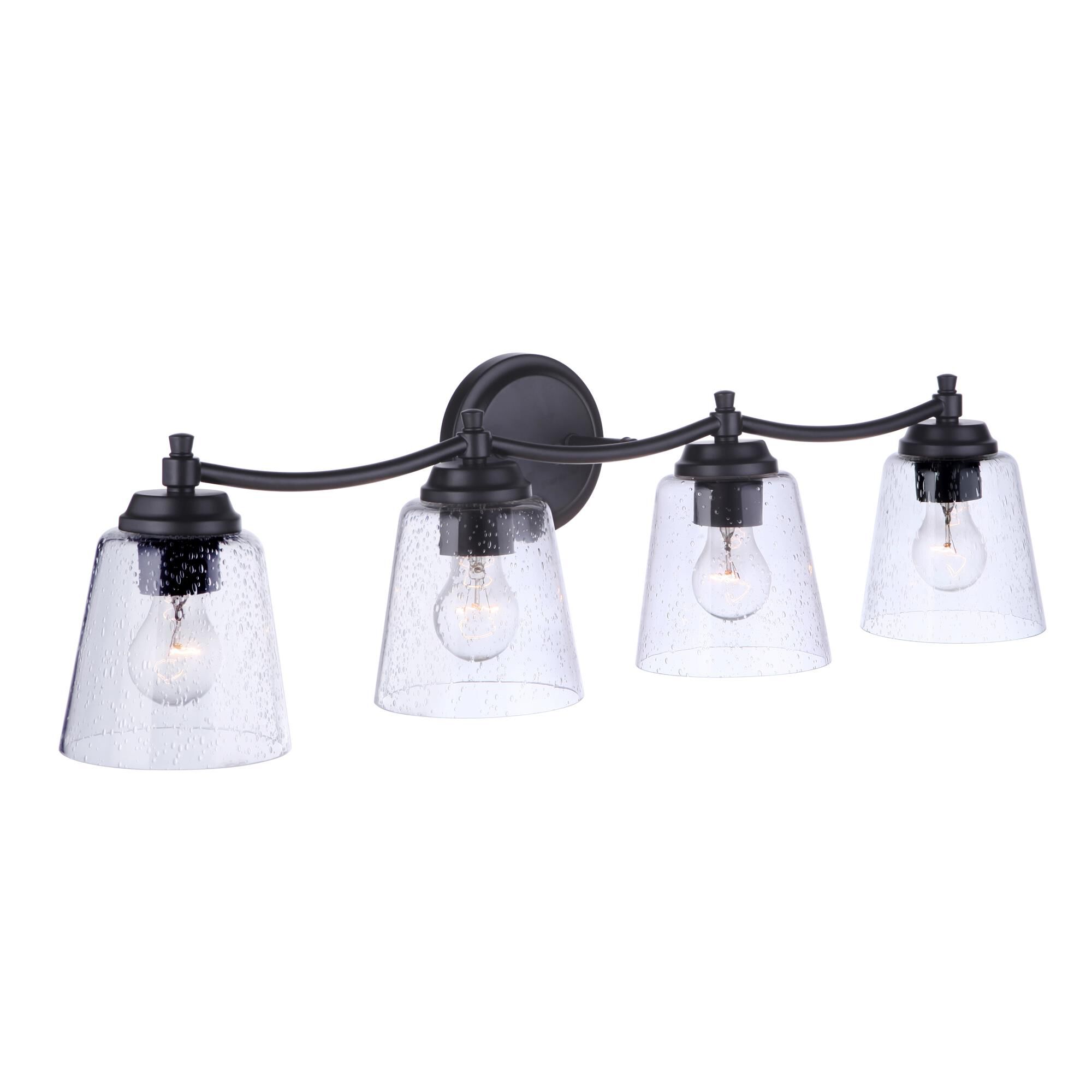 Shown in Flat Black finish and Clear Seeded glass and Glass shade