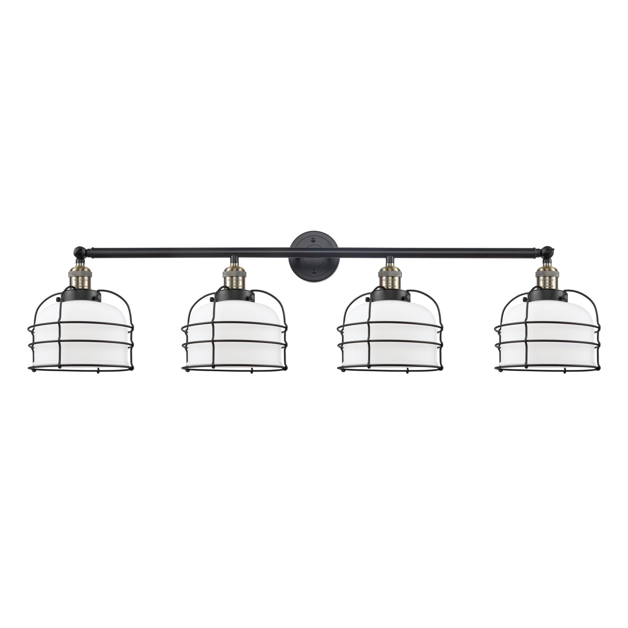 Shown in Black Antique Brass finish and Matte White Cased Large Bell Cage glass and Matte Black accent