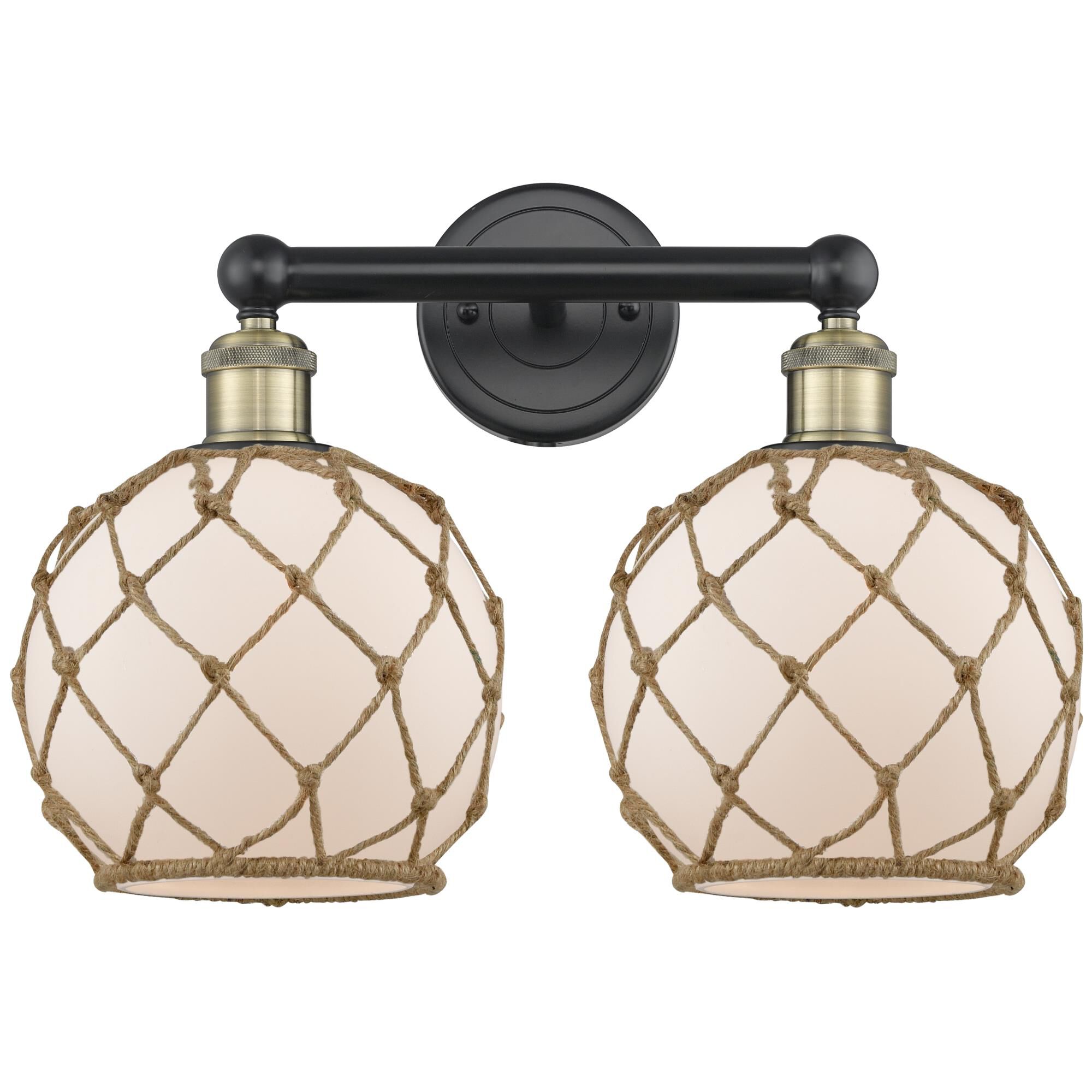 Shown in Black Antique Brass finish and White with Brown Rope glass
