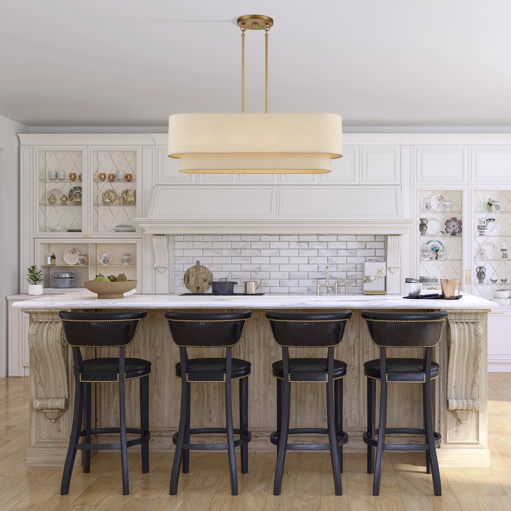 Shown in Antique Gold Leaf finish and Hand Crafted Parchment Color Hardback Fabric shade